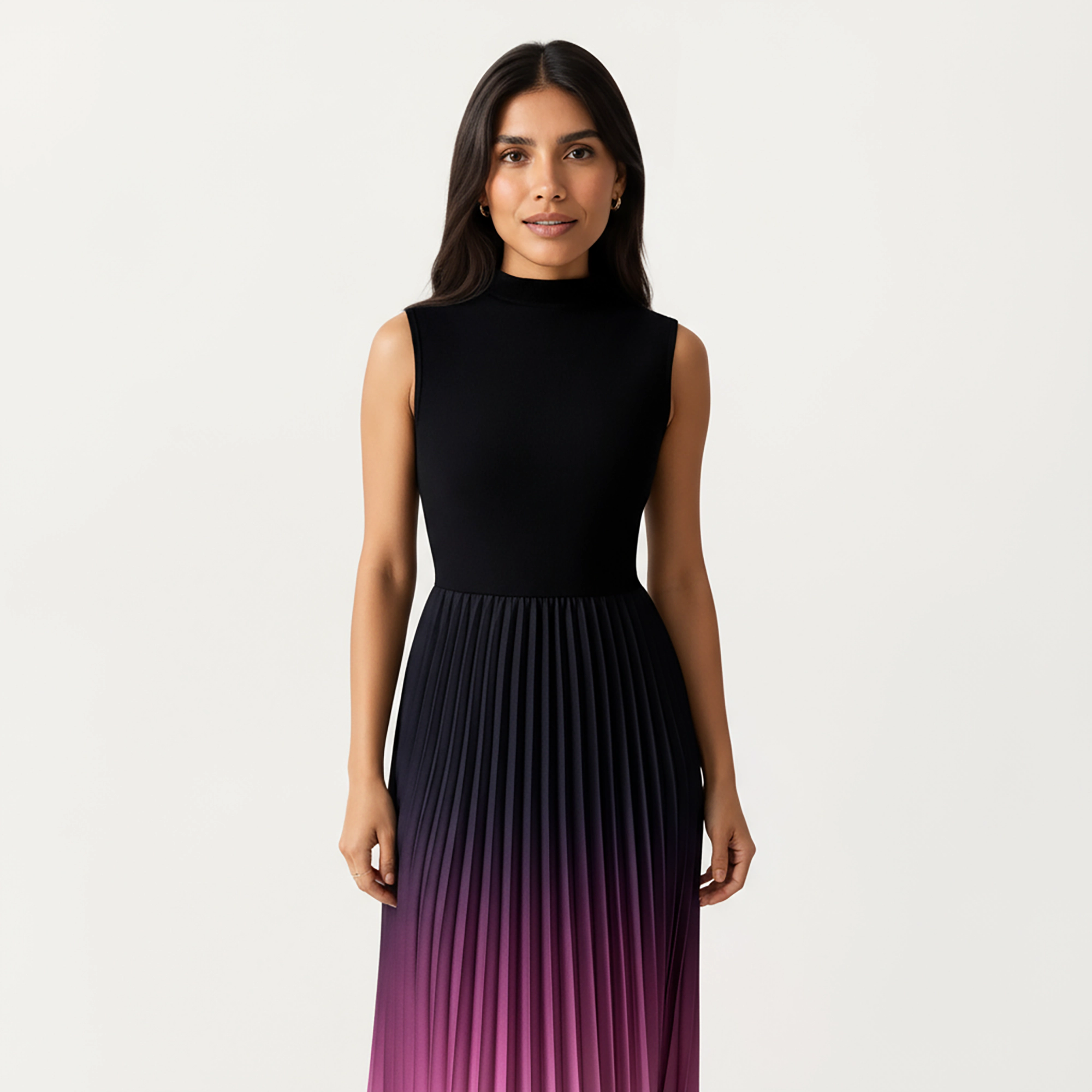 Anna-Kaci Womens Sleeveless Mock Neck Pleated Ombre Maxi Dress