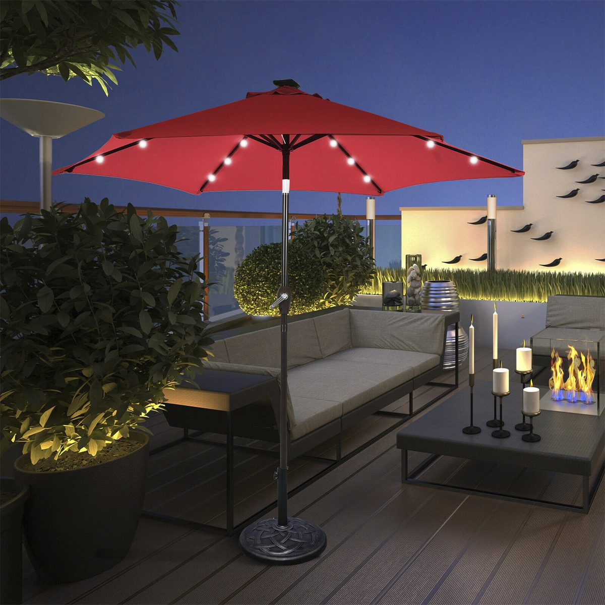 SUGIFT 9-ft Solar LED Lighted Patio Market Umbrella with Crank Lift and Tilt 6-Rib 18-Light Canopy Dark Red