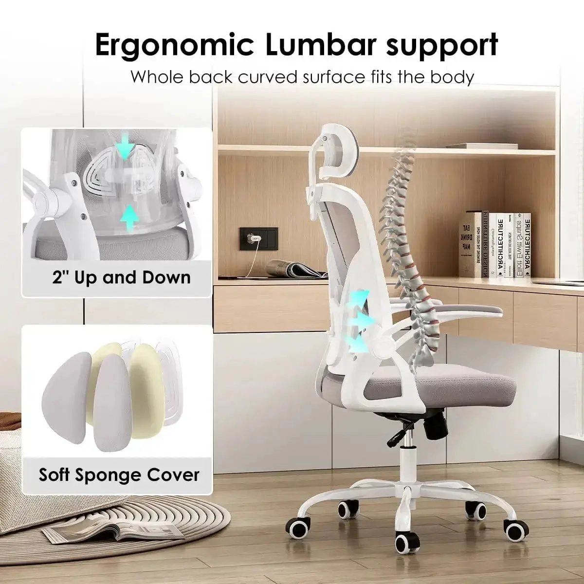 Platinum-Level Office Chairs White Gray Ergonomic Office Chair High Back Lumbar Support Headrest