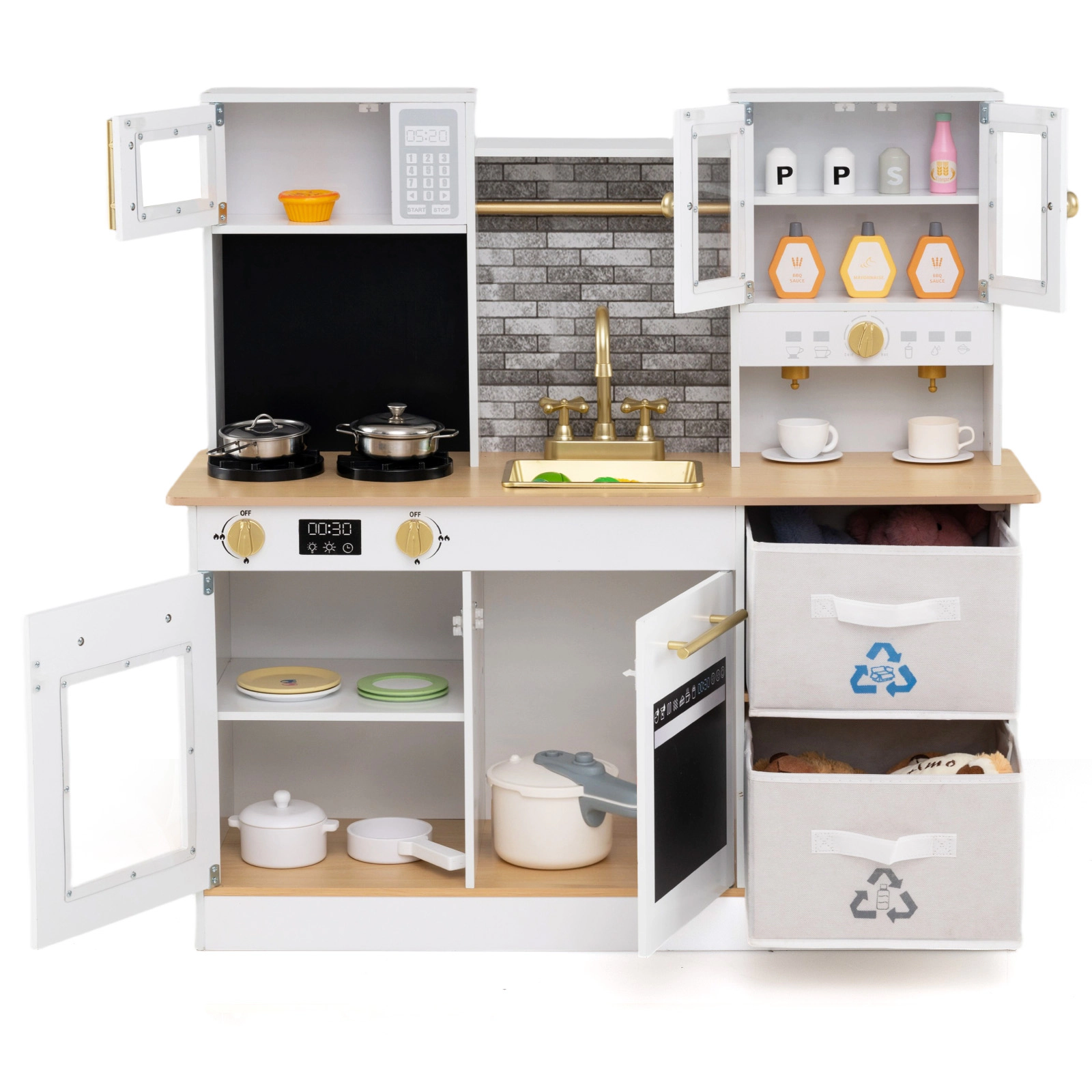 LJG Kids Wooden Kitchen Playset with Stoves Sound Light for 3+ Years Old