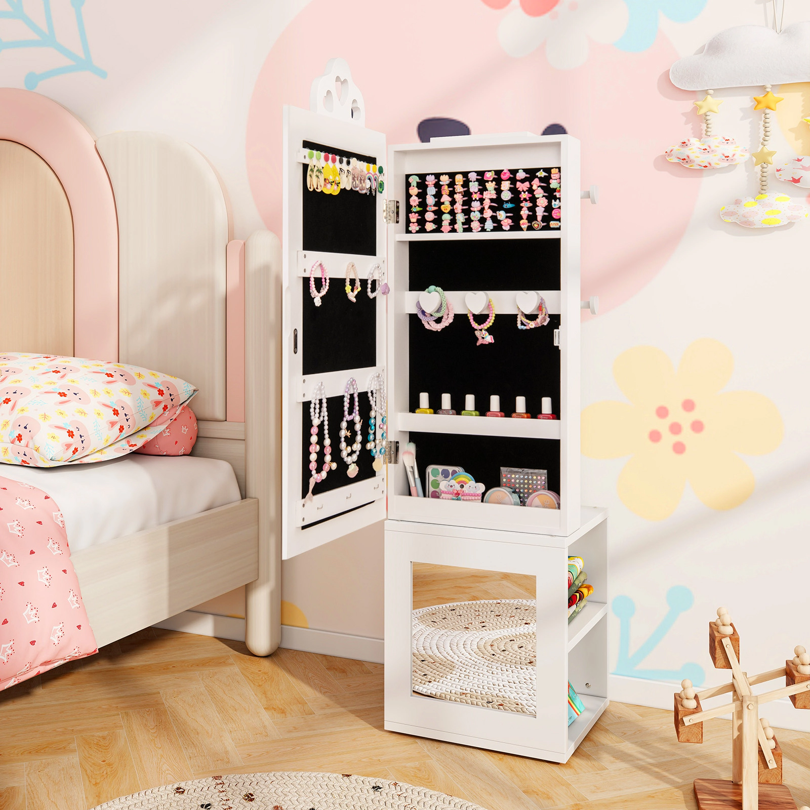 SUGIFT 3-in-1 Kids Jewelry Armoire with Full-Length Mirror Rear Hooks and Shelves for Bedroom Storage