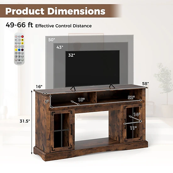 SUGIFT 58 in TV Stand with RGB LED Lights Remote Control and Tempered ...