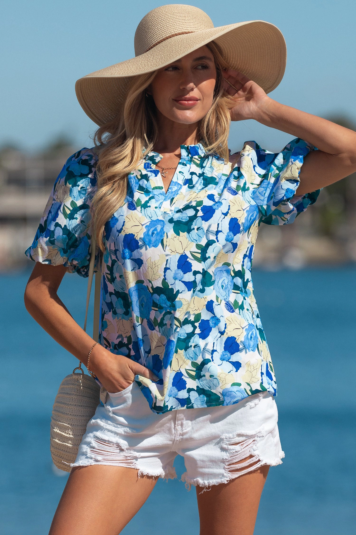Threaded Pear Leilani Short Puff Sleeve Floral Blouse