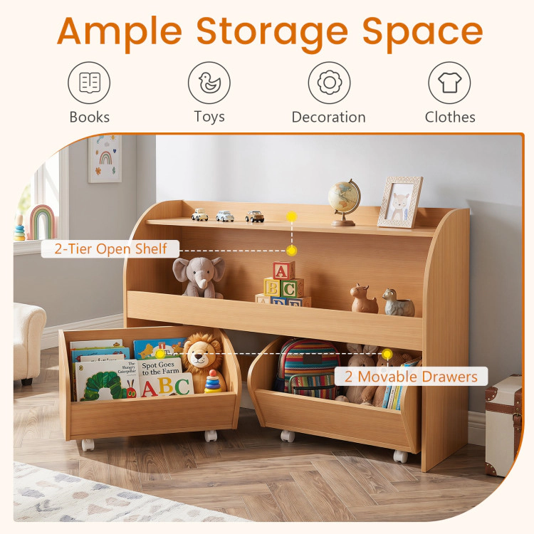 Hivvago Kids Toy Storage Organizer with 2 Rolling Drawers & 3-Tier Bookshelf for Playroom