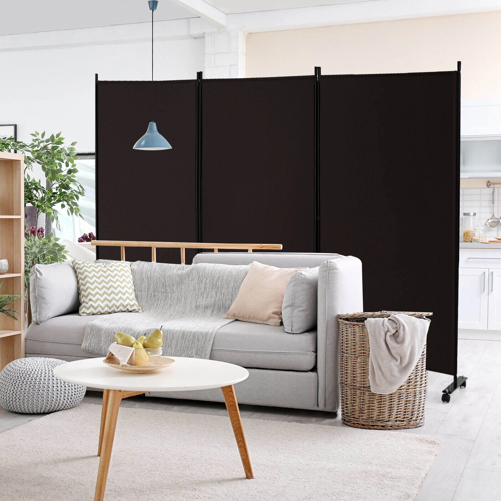 SUGIFT 3-Panel Folding Room Divider with Lockable Wheels Brown Metal Frame Polyester Fabric