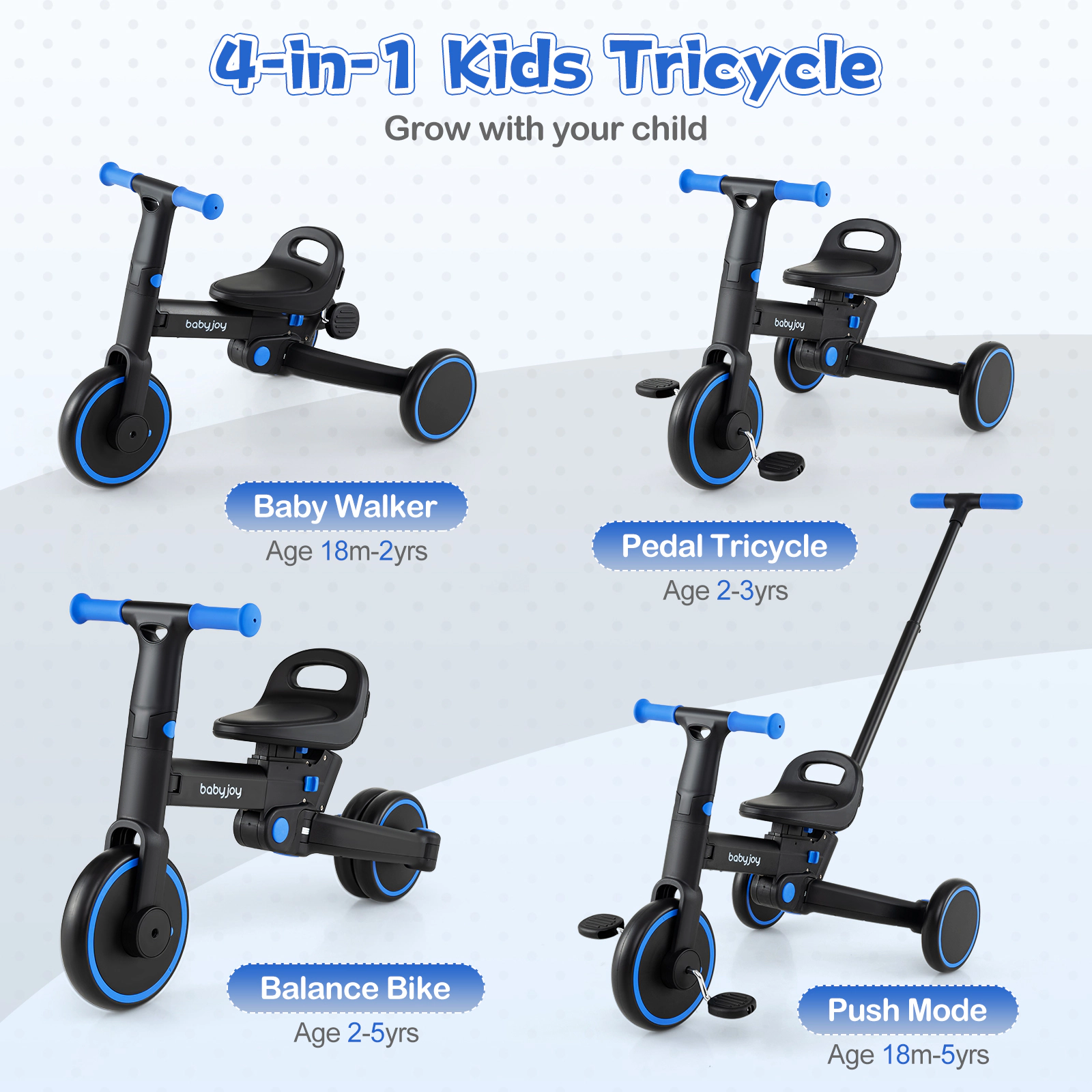LJG 4-in-1 Foldable Toddler Tricycle with Push Handle Adjustable Seat