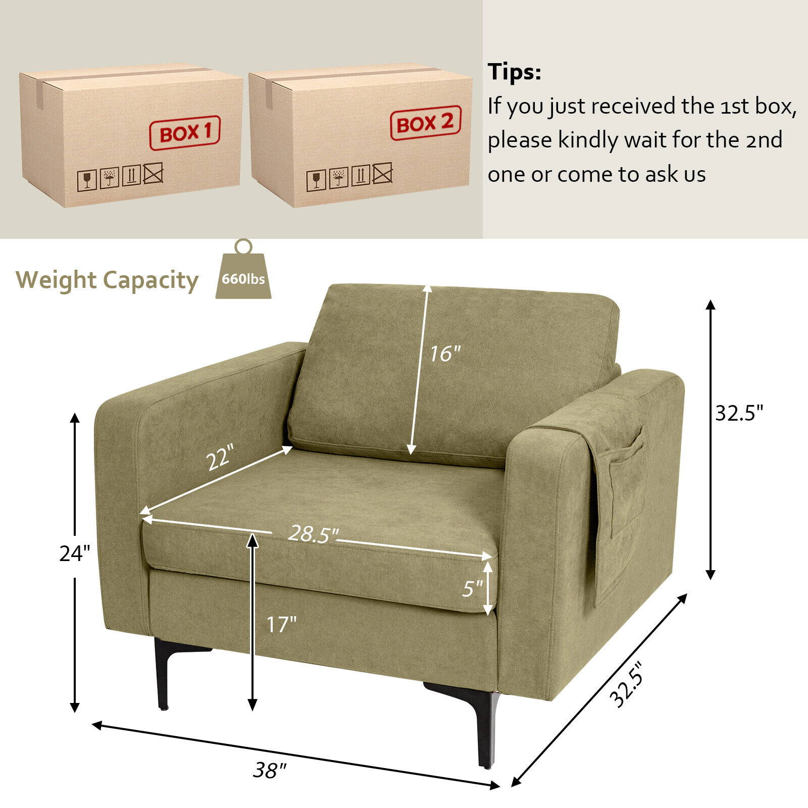 SUGIFT 660-lb Capacity Green Modern Accent Armchair with Side Storage Pocket and Solid Wood Metal Frame