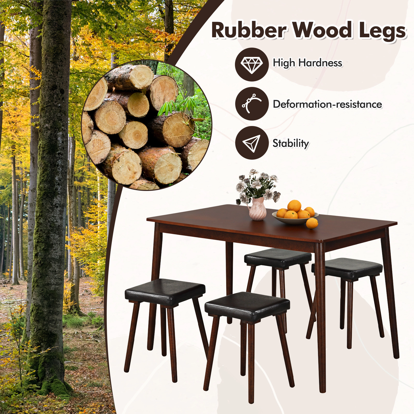 SUGIFT 5 Piece Dining Table Set for 4 with Upholstered PU Leather Stools 220-lb Tabletop 350-lb Seats 48 x 27.5-in Brown