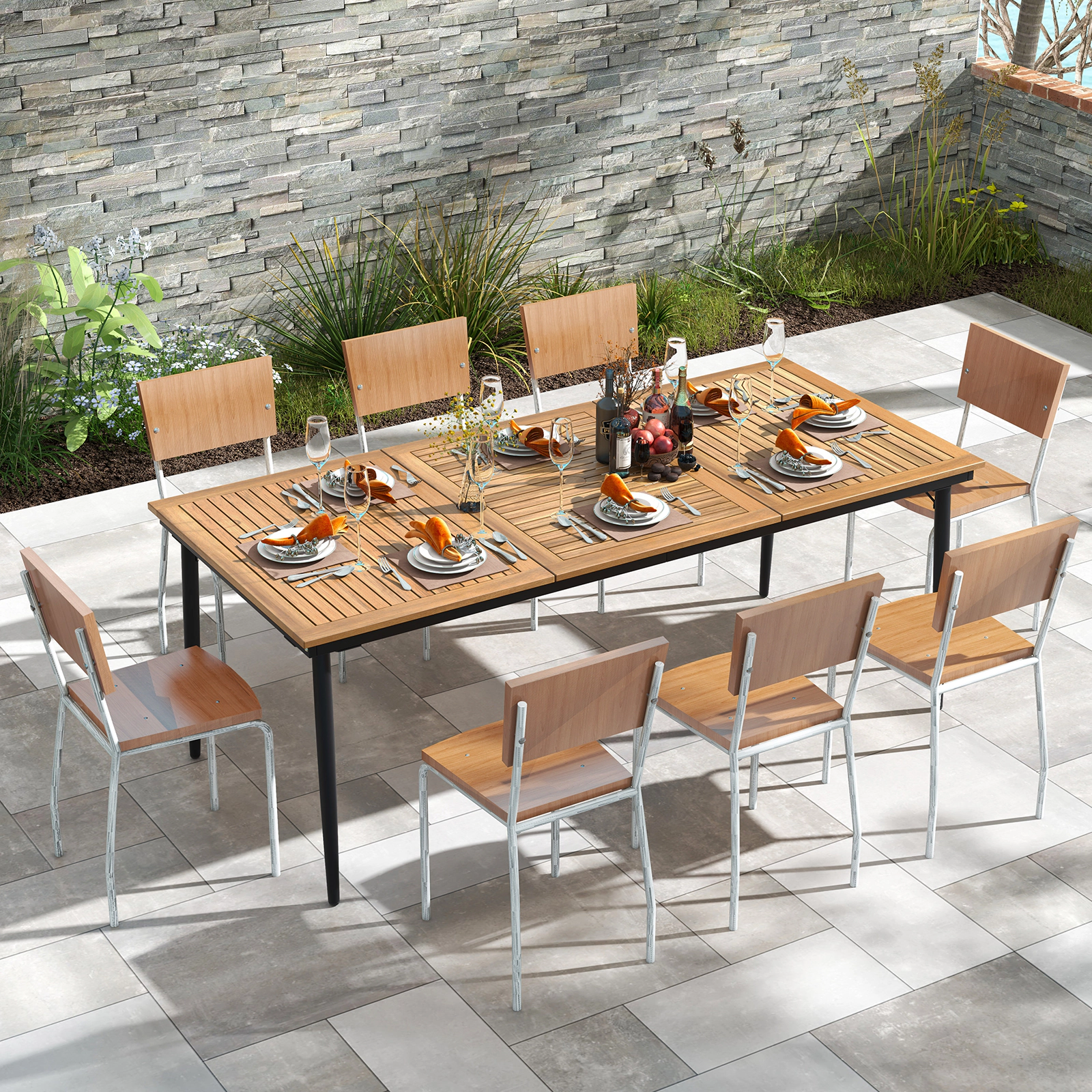 SUGIFT 79-in Acacia Wood Outdoor Dining Table for 8 with 1.9-in Umbrella Hole Natural & Black