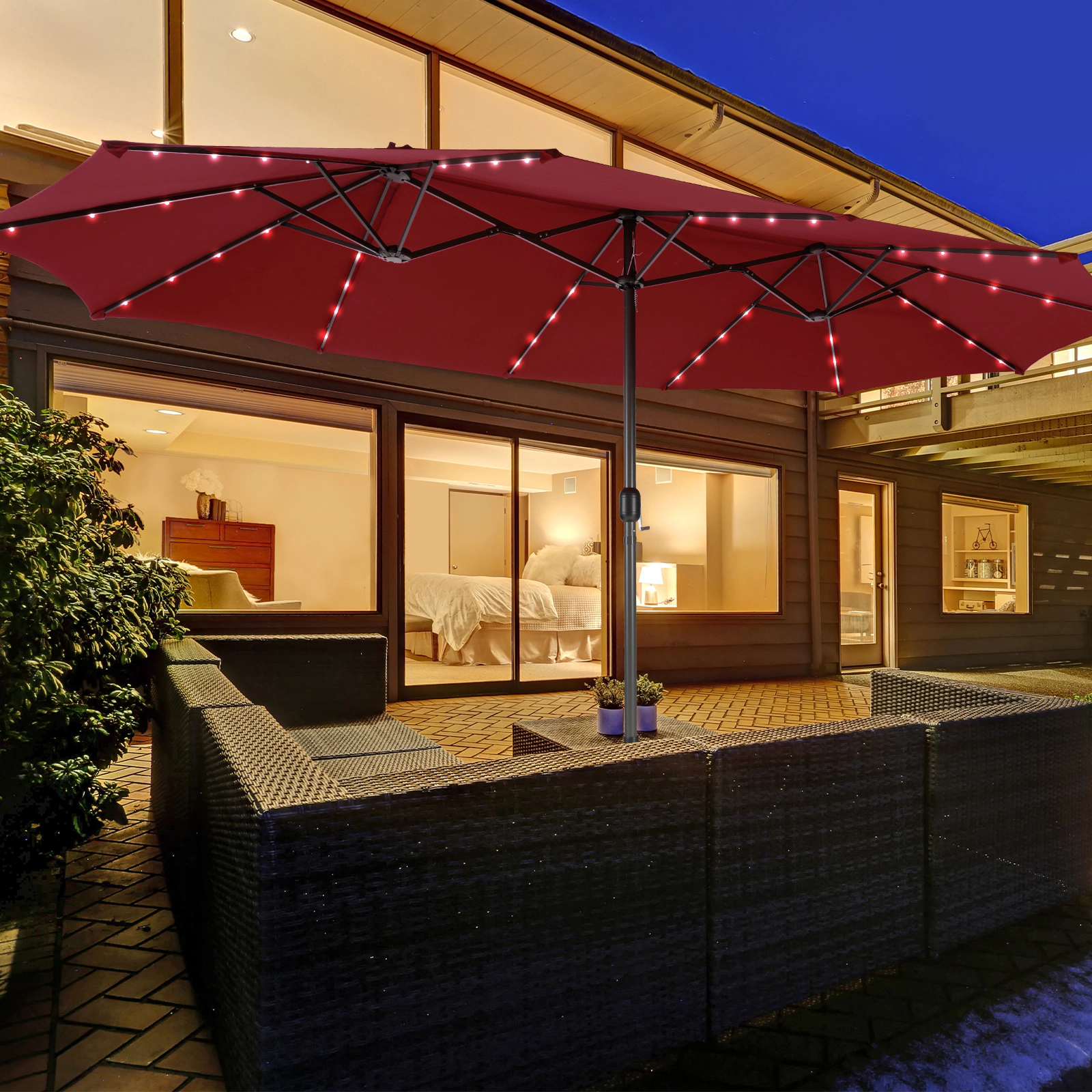 SUGIFT 15-ft Dark Red Double-Sided Patio Umbrella with 48 Solar LED Lights