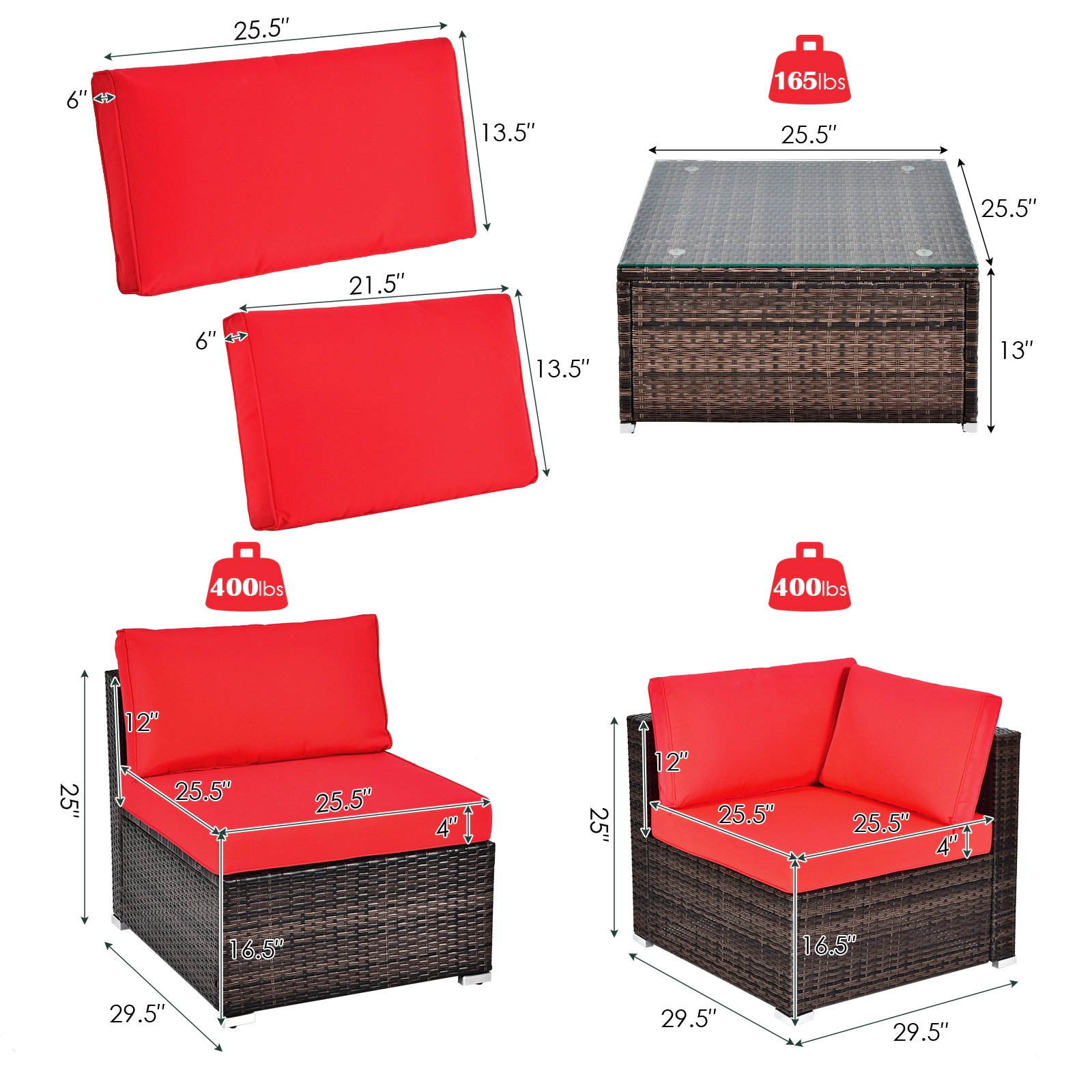 LJG 6 Pieces Patio Rattan Furniture Set with Cushions and Glass Coffee Table
