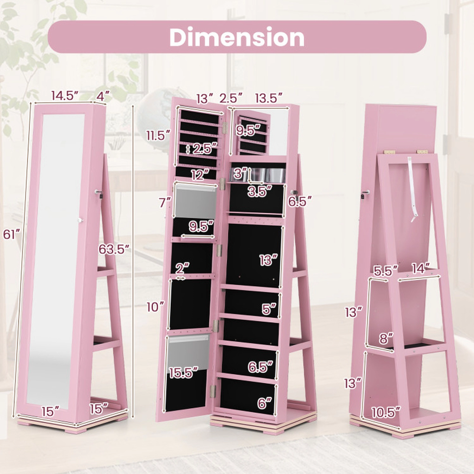 SUGIFT 2-in-1 Pink Lockable Jewelry Cabinet with 57-in Full-Length Mirror Rotating Base and Anti-Rust Hooks