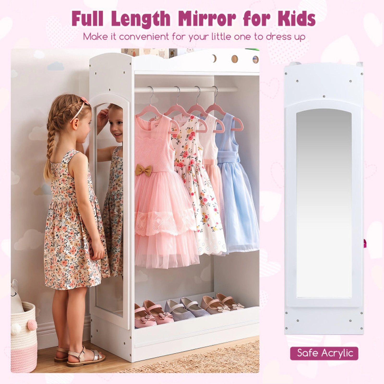 SUGIFT 44-in White Kids Dress Up Storage and Clothing Rack with Full Length Acrylic Mirror and 2 Fabric Drawers