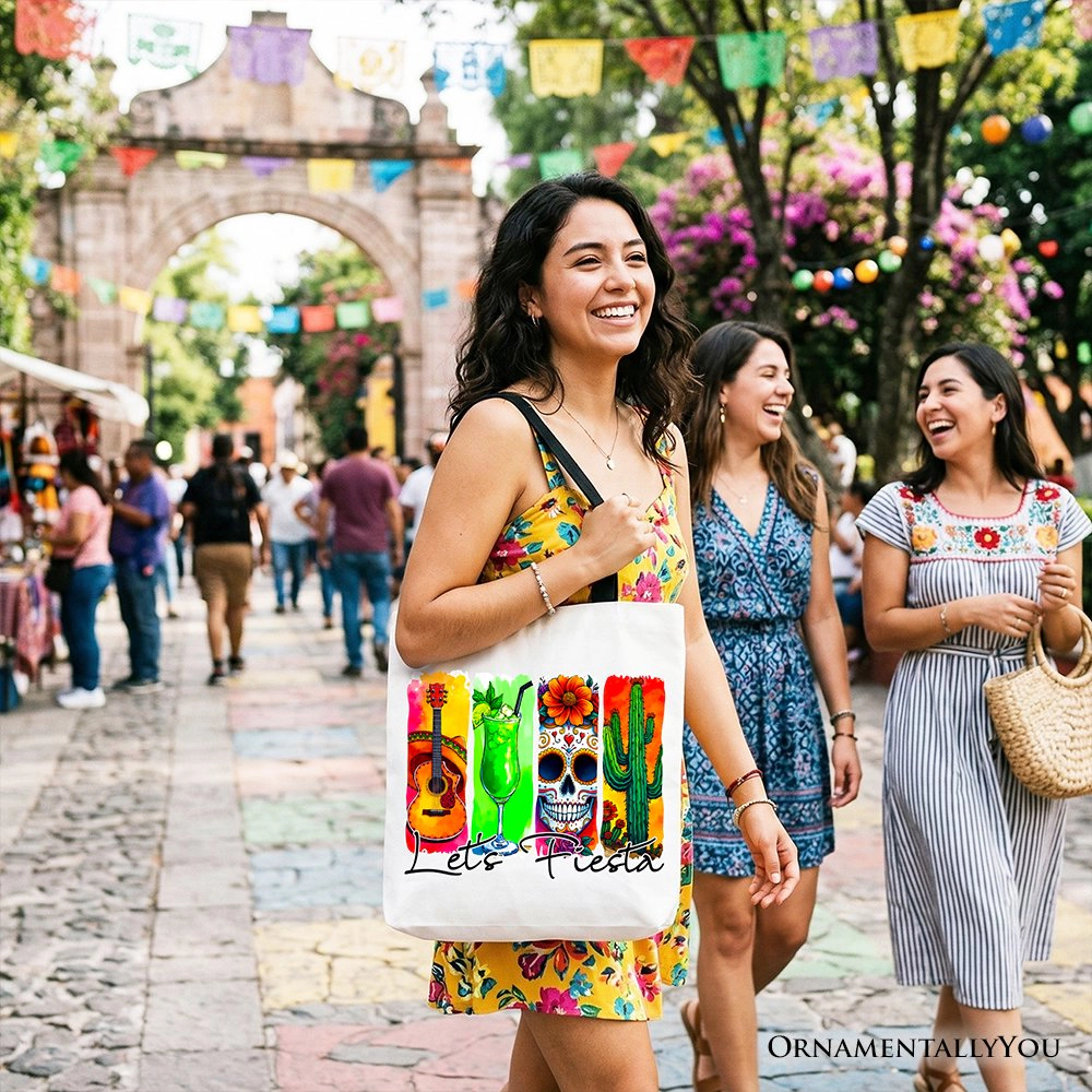OrnamentallyYou Unisex Cinco De Mayo "Let's Fiesta" Guitar Margarita Skull Cactus Tote Bag