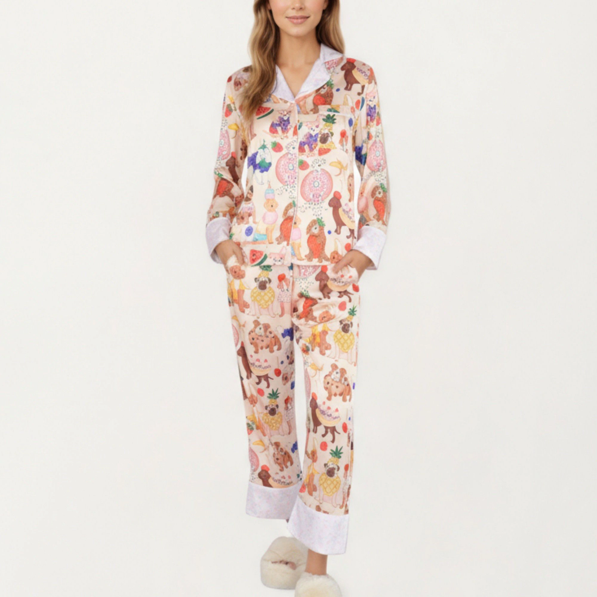 Anna-Kaci Women's 2-Piece Long Sleeve Button Front Top and Relaxed Fit Pants Pajama Set with Fun Dog Print