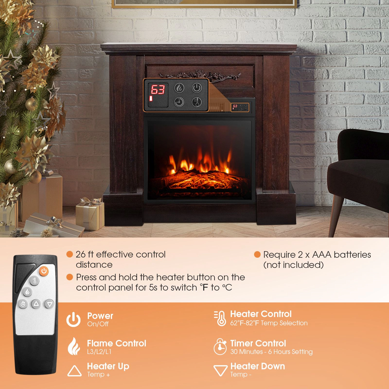 SlickBlue Brown MDF Electric Fireplace Mantel with 1400W Heater, 3D Flame, Remote Control