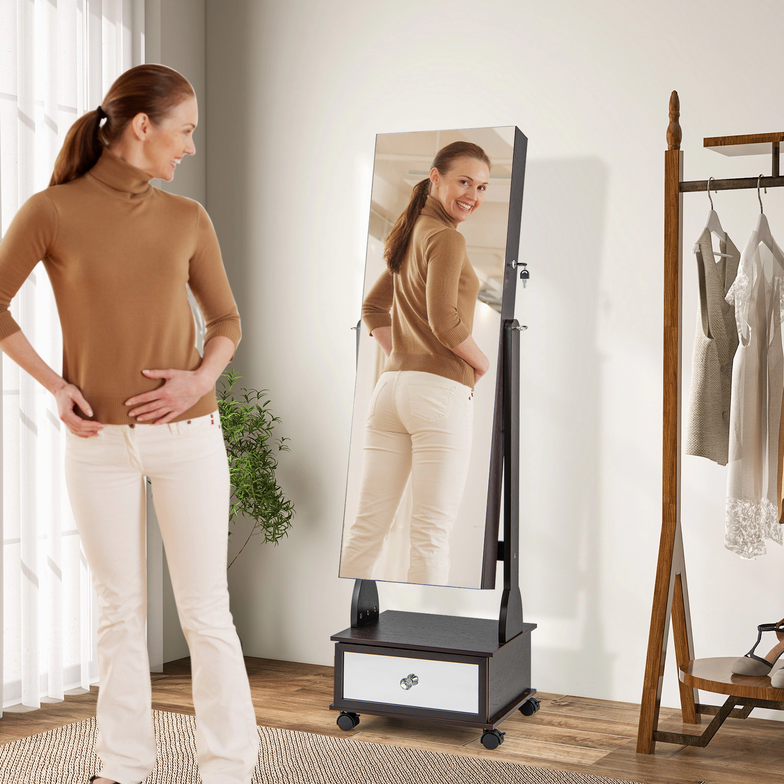 Slickblue 62.5 Inch Freestanding Lockable Jewelry Cabinet with Full-Length Mirror, LED Lights and Rolling Wheels