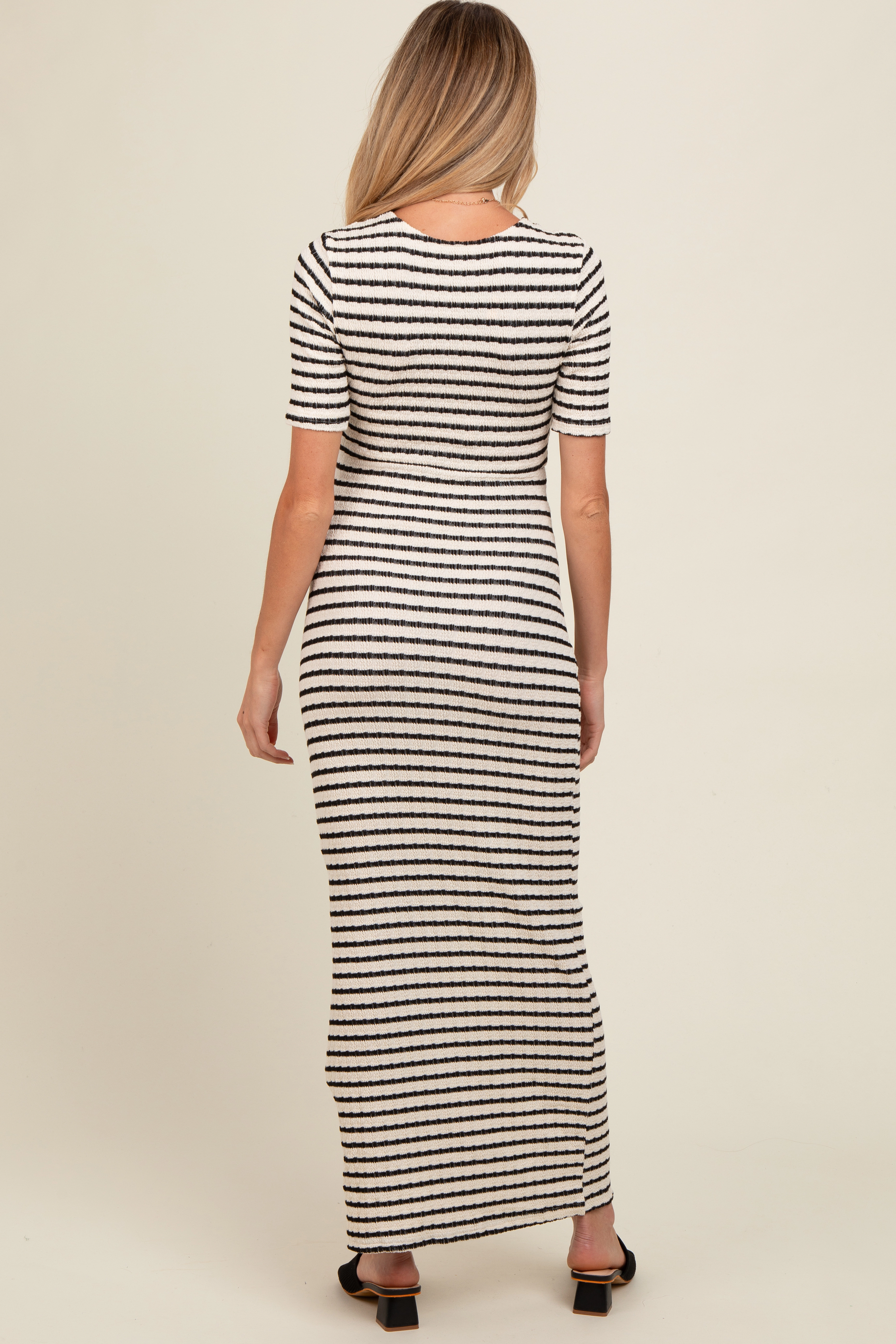 PinkBlush Womens Ivory Black Striped Knit Short Sleeve Maternity Maxi Dress