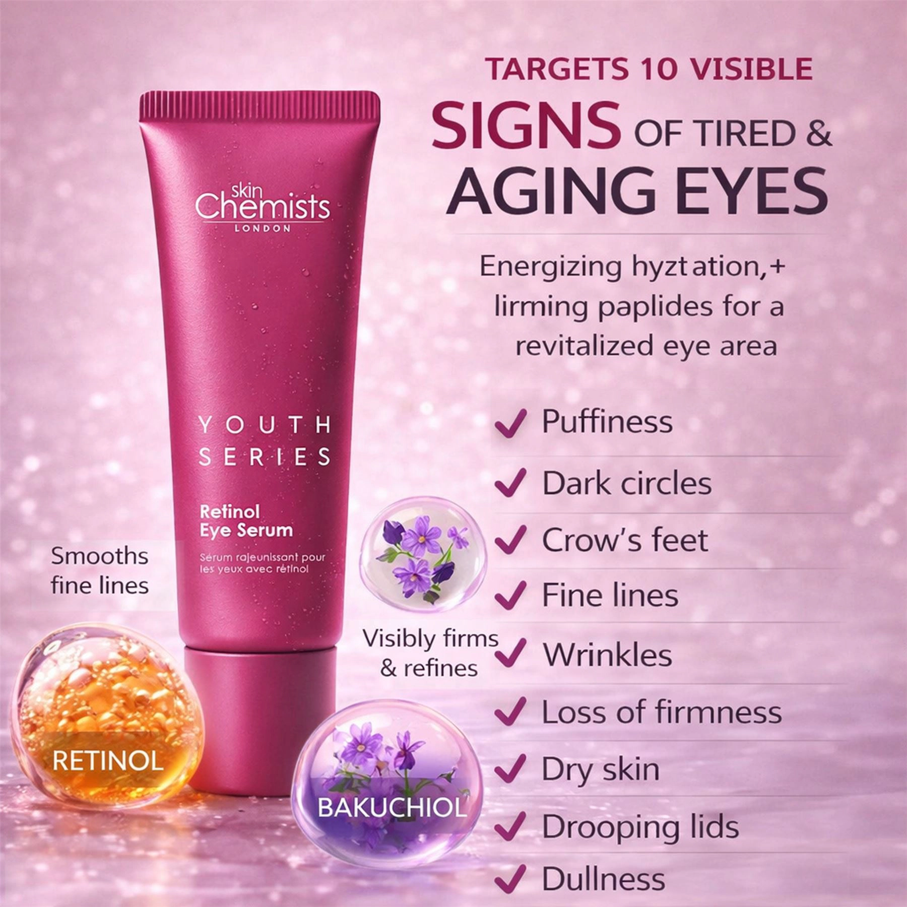 skinChemists Youth Series Retinol & Bakuchiol Eye Serum 15ml - Firms, Smooths Fine Lines & Wrinkles