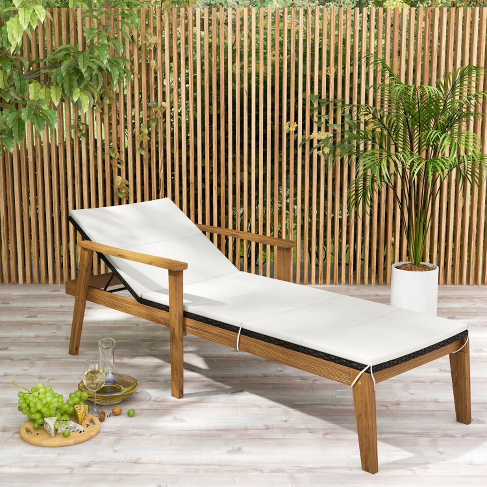 SUGIFT 4-Position Rattan Outdoor Chaise Lounge Chair with Armrests 800-Lb Capacity 79-in Recliner Off White Mix Brown