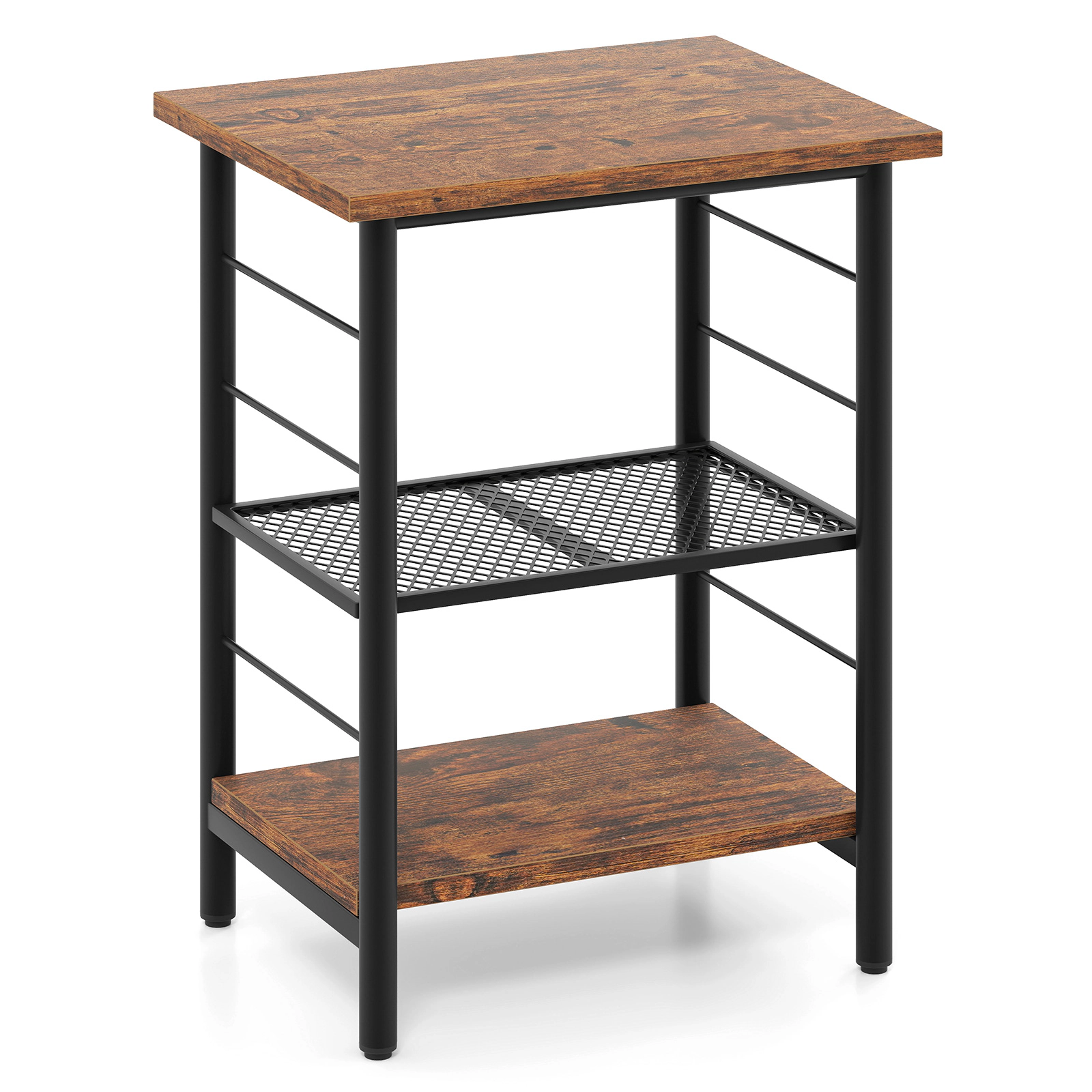 SUGIFT 20-Inch 3-Tier Industrial Side Table with Adjustable Mesh Shelves, Black and Rustic Brown