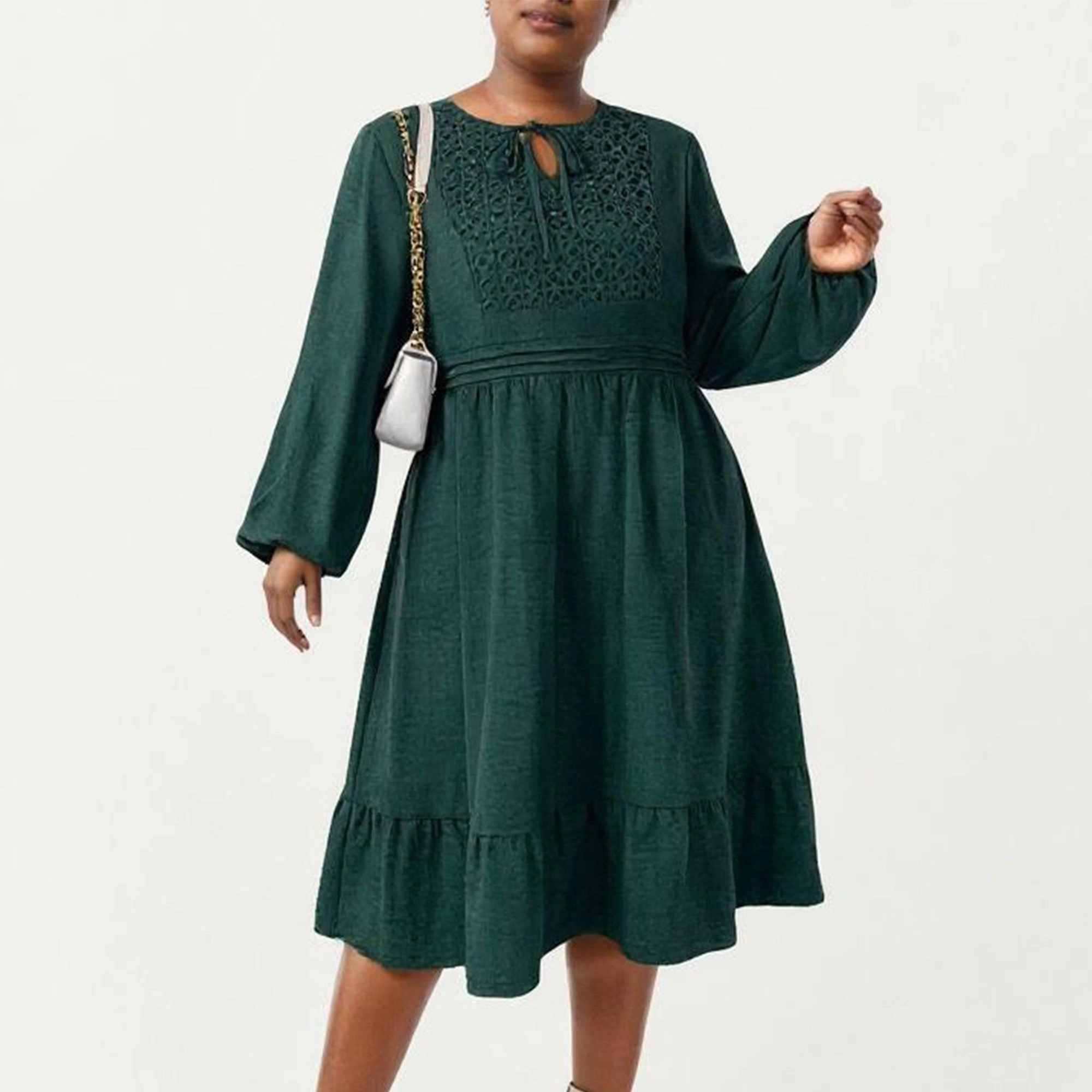 Anna-Kaci Women's Plus Long Sleeve Embroidered Elastic Waist Tiered Hem Midi Dress
