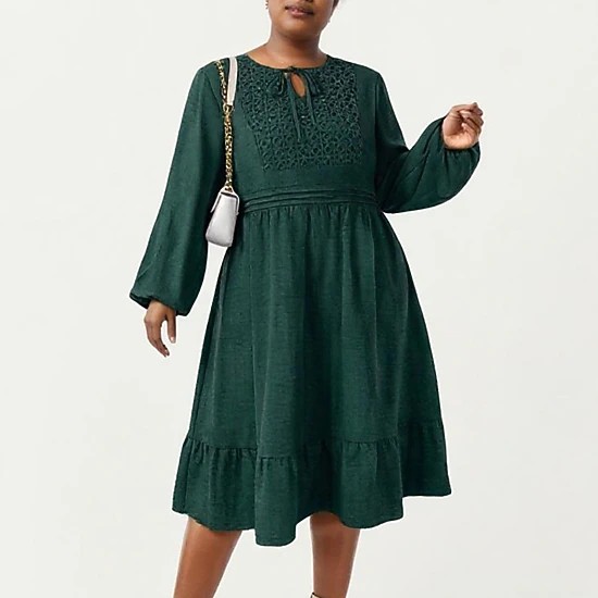 Anna-Kaci Women's Plus Size Long Sleeve Embroidered Elastic Waist Tiered Hem Midi Dress