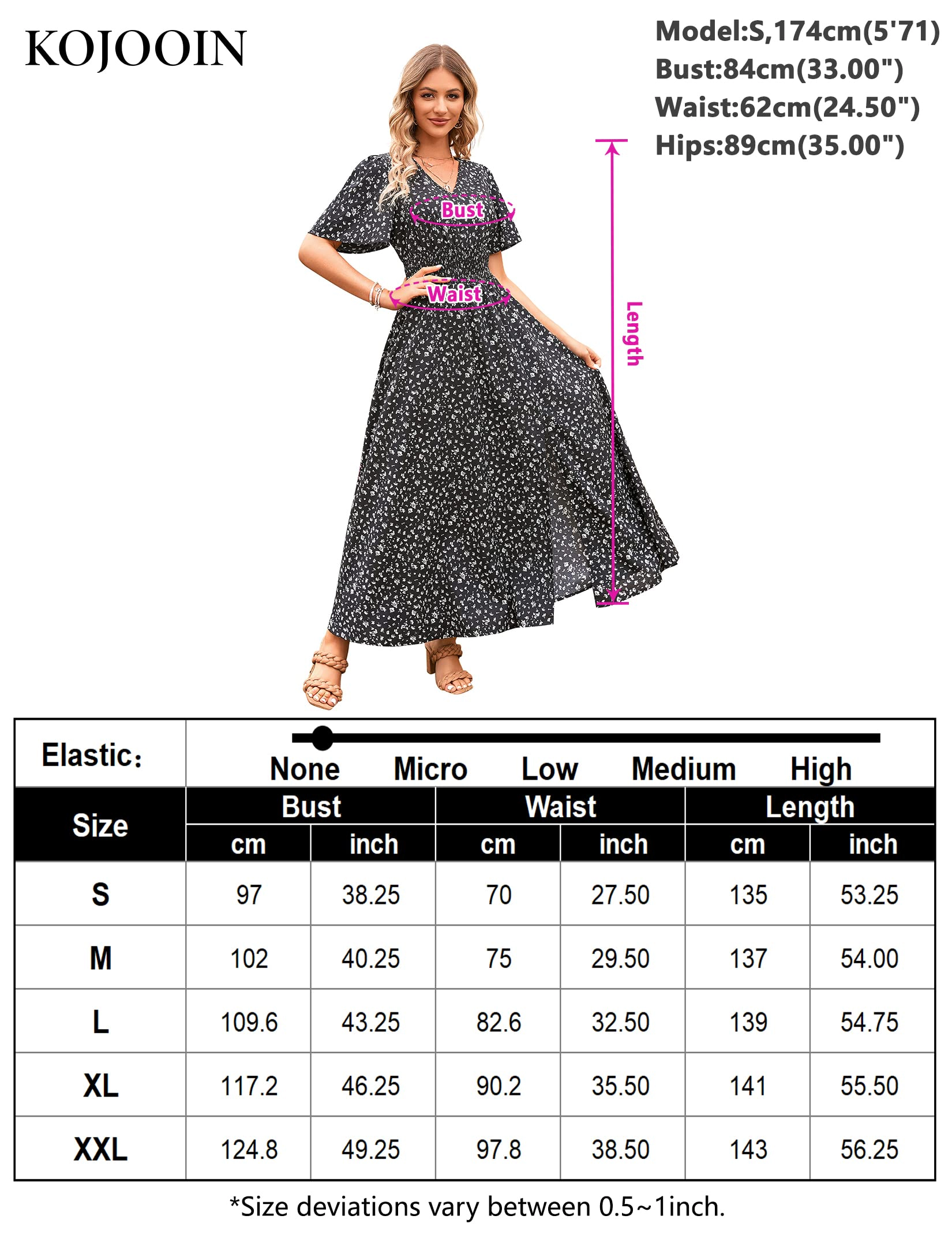 KOJOOIN Women Floral Maxi Dress V Neck Flutter Short Sleeve Smocked Waist A-Line with Side Split Sun Dresses