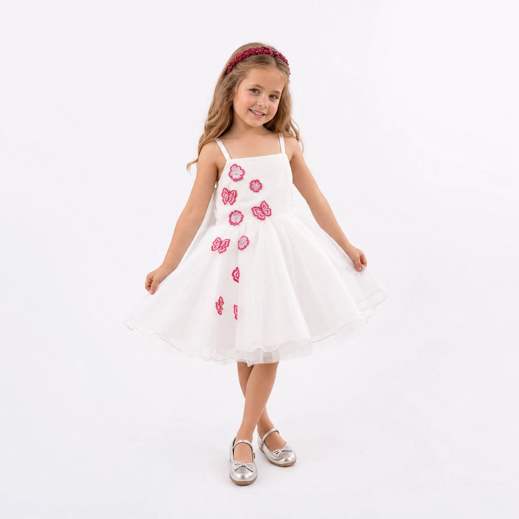 Faeella Girls Whimsical 3D Butterfly Ivory Tulle Flower Girl Dress