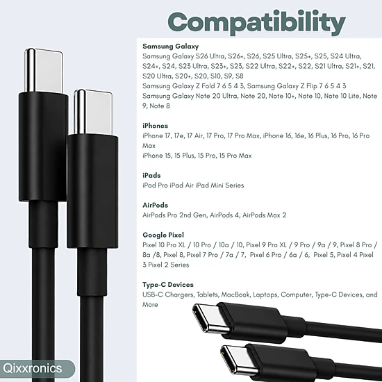 Qixxronics 3PCS 6FT USB-C to USB-C Charging Cable for iPhone 16 E/17/Air/15/Pro/Plus/Pro Max, MacBook, iPad Pro /Air