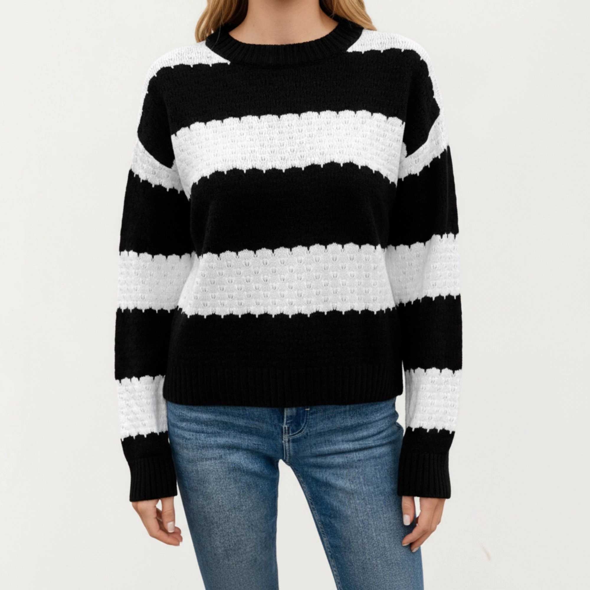 Anna-Kaci Women's Long Sleeve Knit Sweater with Bold Horizontal Stripes and Ribbed Trim