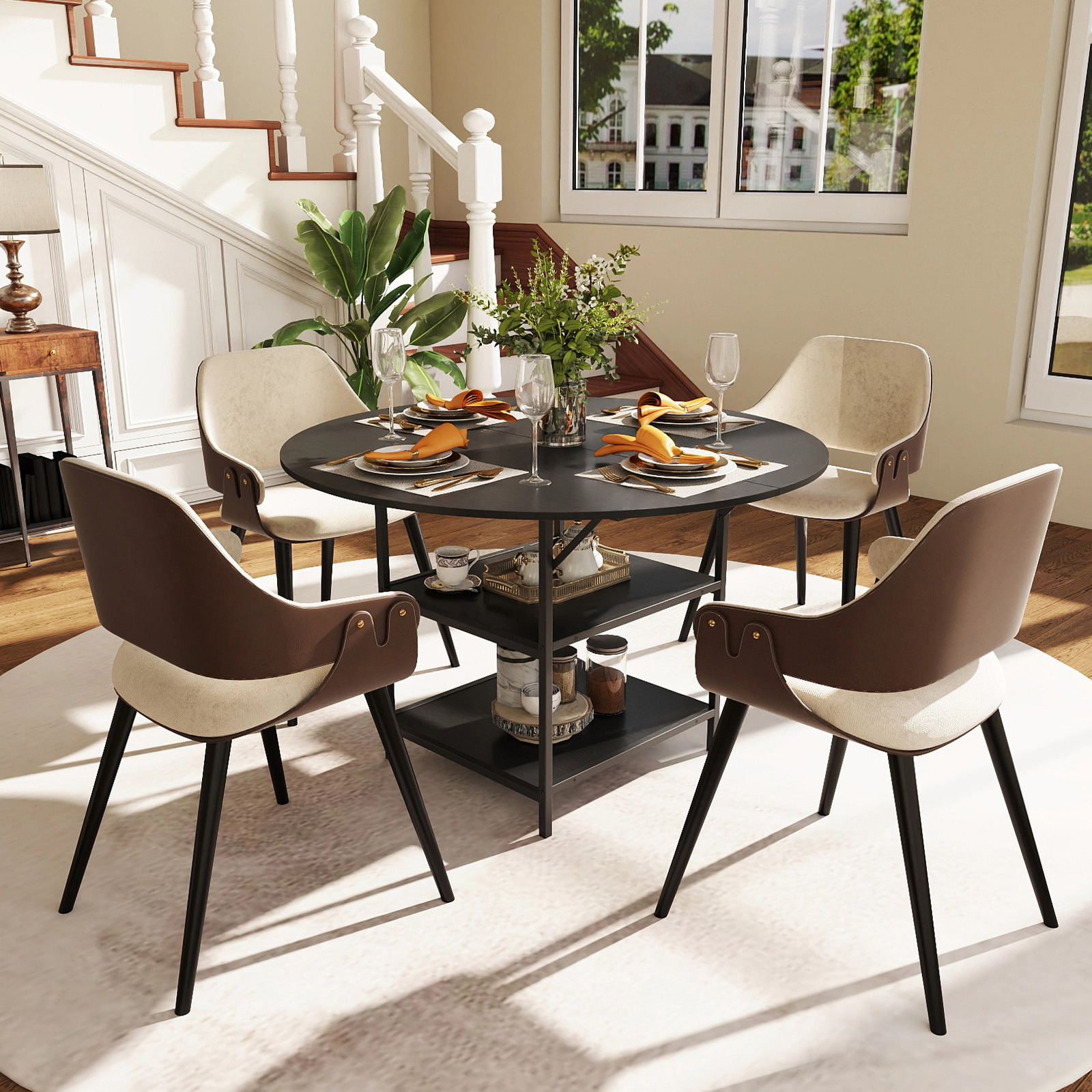 LJG 47 Inch Round Dining Table for 4-6 People Large Kitchen with 2-Tier Storage Shelves