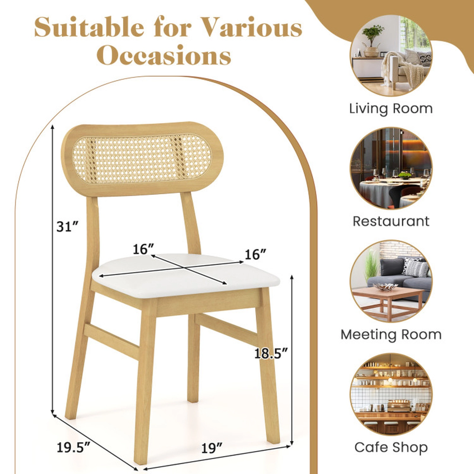 SUGIFT Set of 2 Mid-Century Rattan Back Dining Chairs with PU Leather Seats