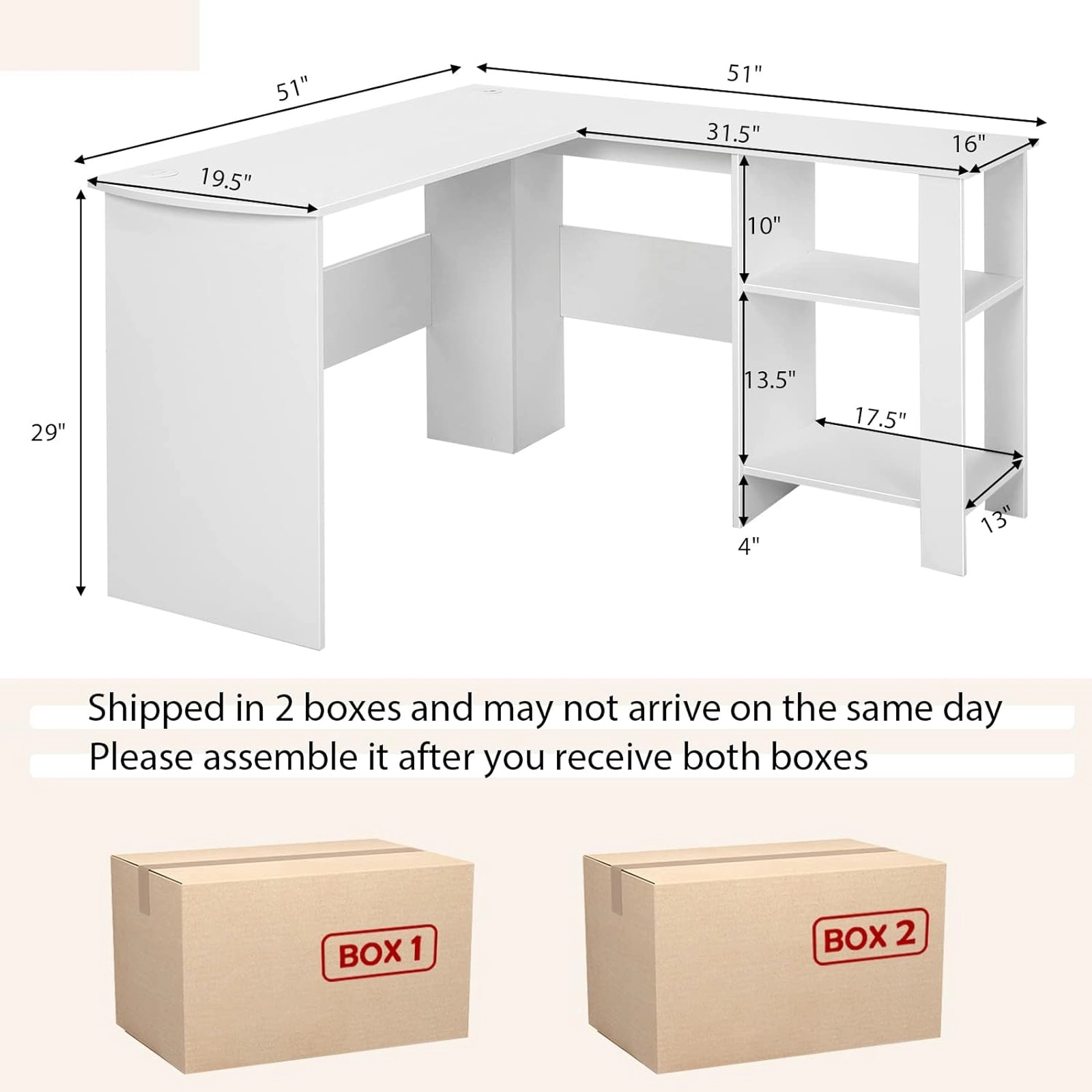 SUGIFT L-Shaped Computer Desk 330-lb Tabletop and 45-lb Shelf Capacity with 2 Cable Holes and 2 Storage Shelves White