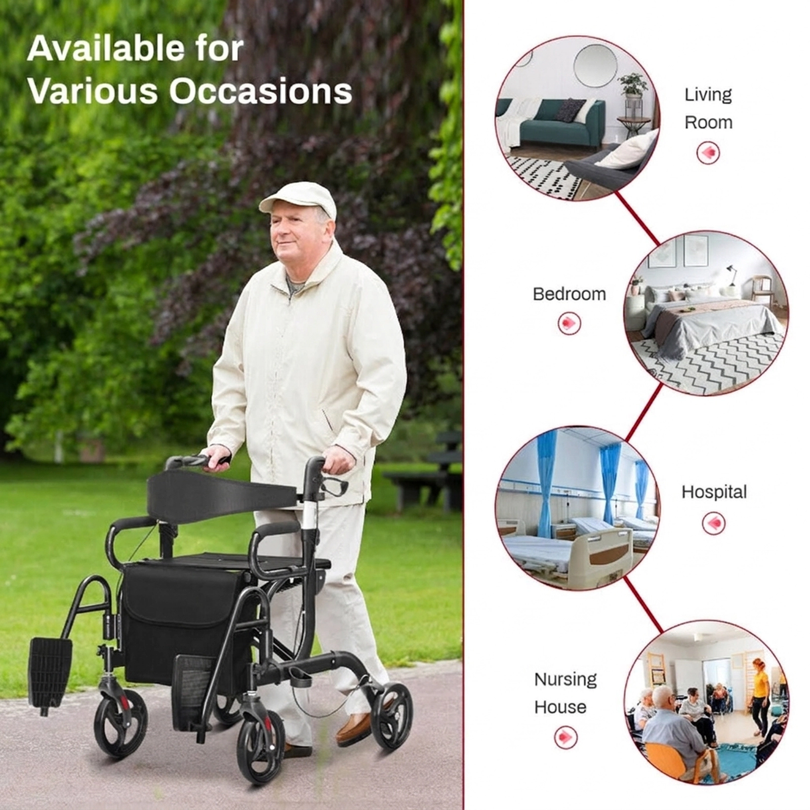 SUGIFT 2-in-1 Folding Rollator Walker and Transport Chair, 350-lb Capacity, 8-in Wheels