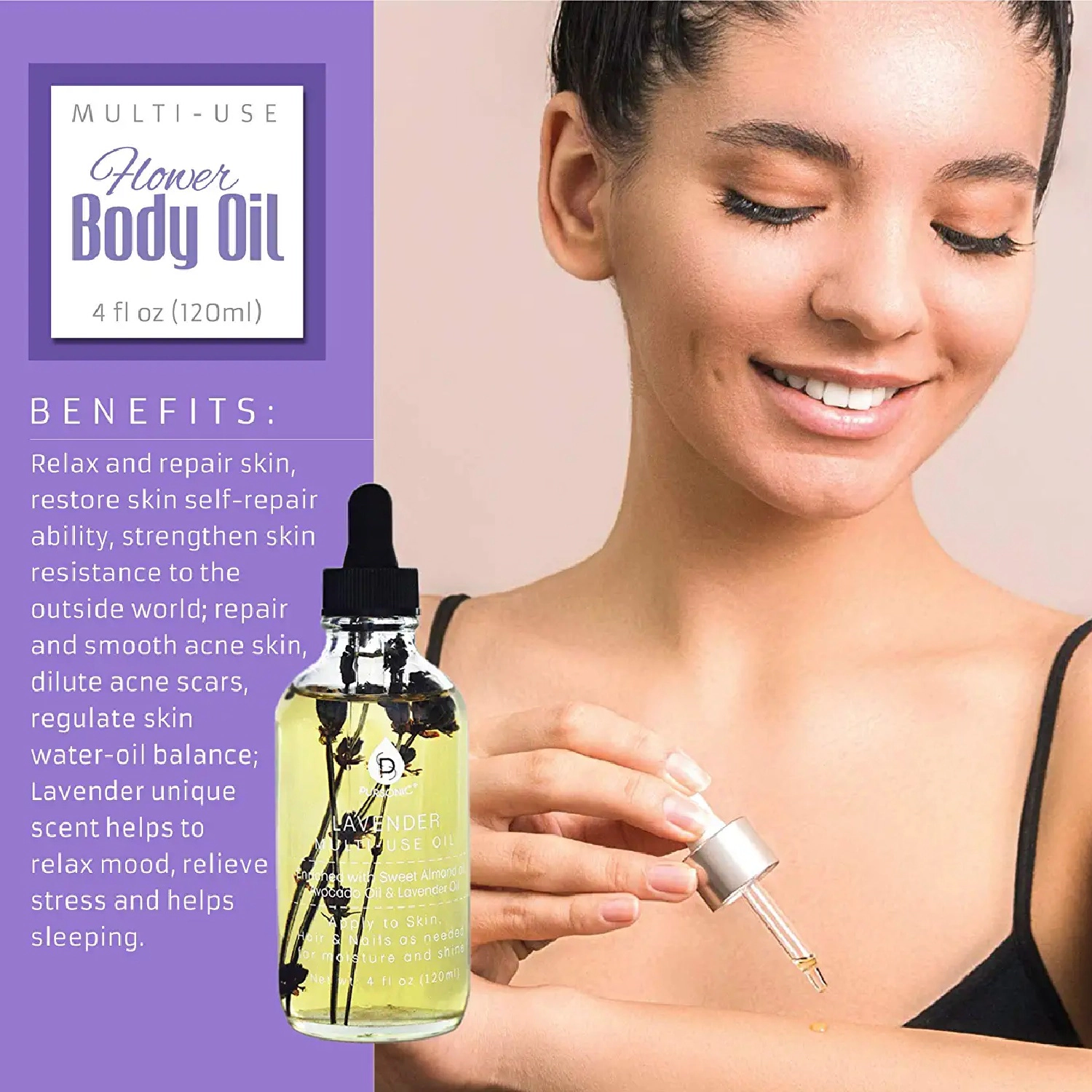 Pursonic Unisex Multi-Use Moisturizing Body Oil with Lavender Flower for Skin, Hair & Nails (4 oz)