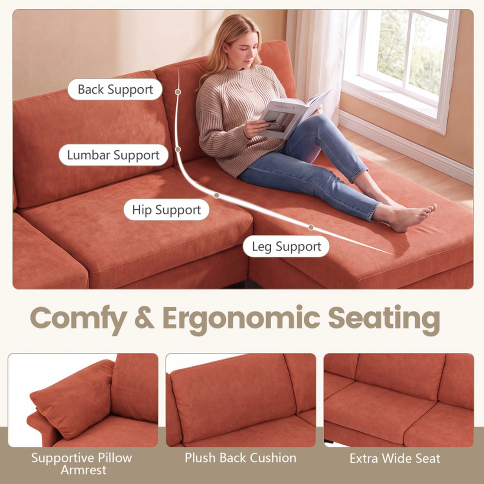 SUGIFT Red L-Shaped Modular Sectional Sofa with Chaise, 2 AC Outlets, 4 USB Ports, Hidden Storage