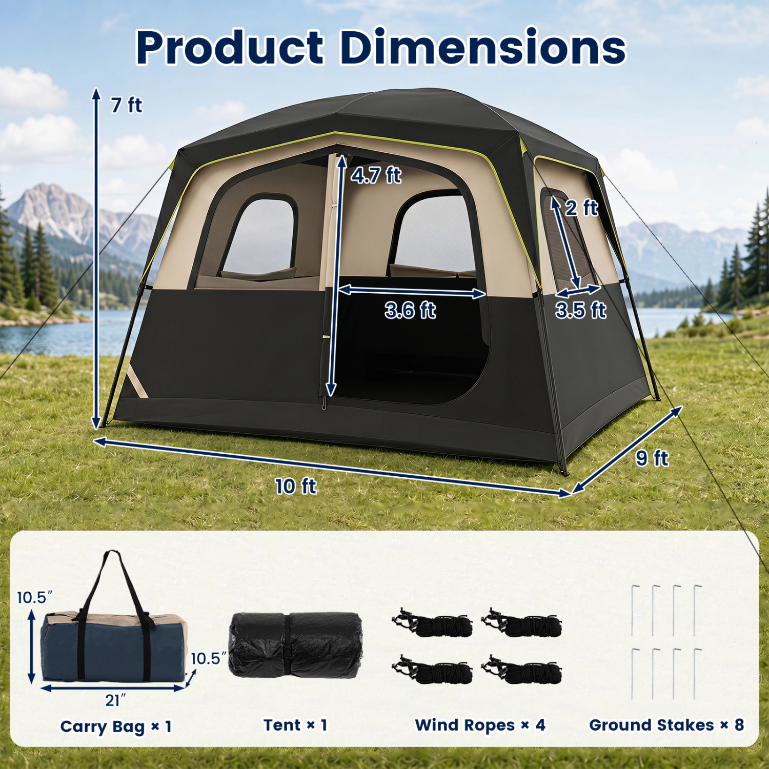 LJG 6-Person Camping Tent Easy Setup Family Cabin with Top Rainfly Mesh Windows