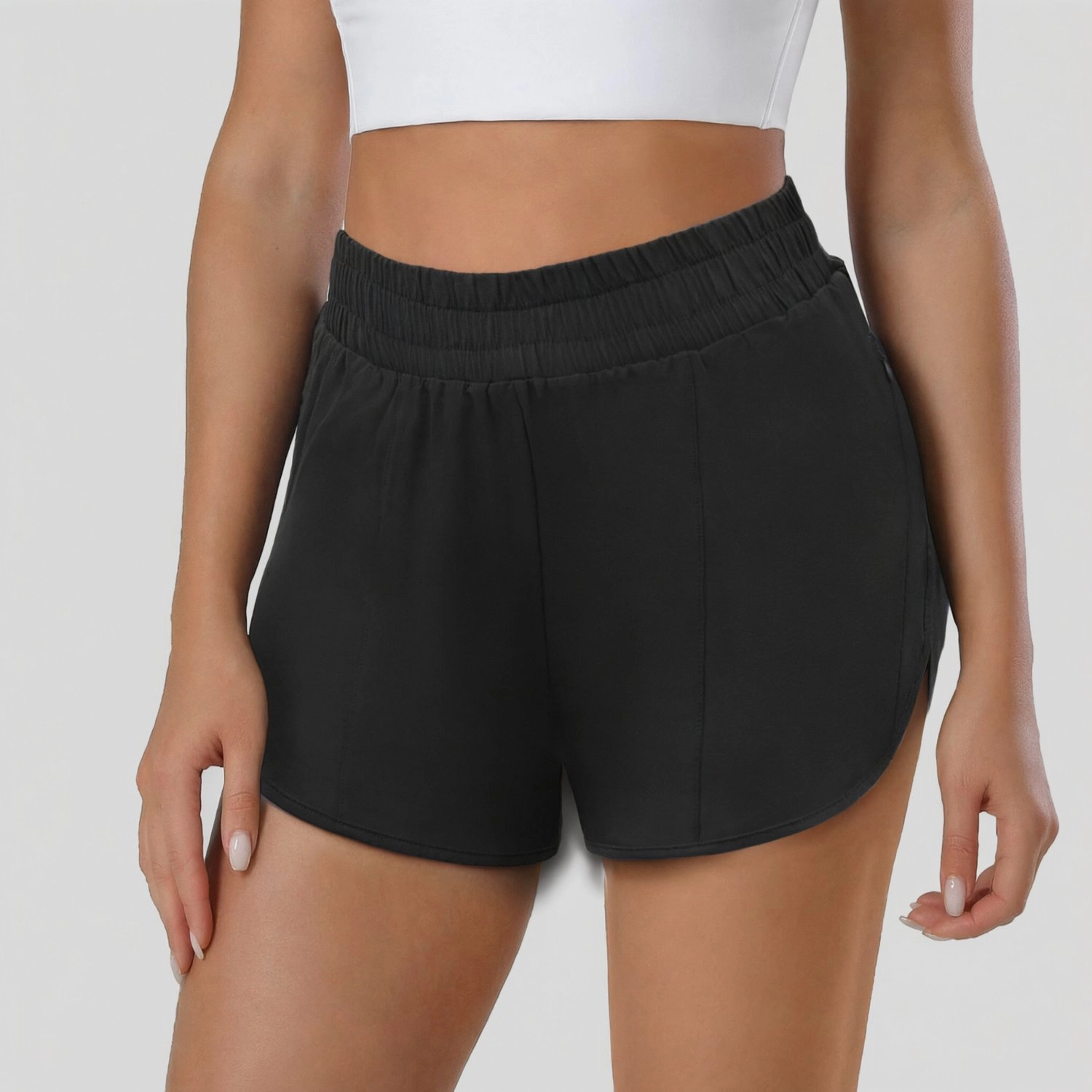 Pinspark Womens Solid High Waist Running Shorts Elastic Waist Side Slit Casual Shorts