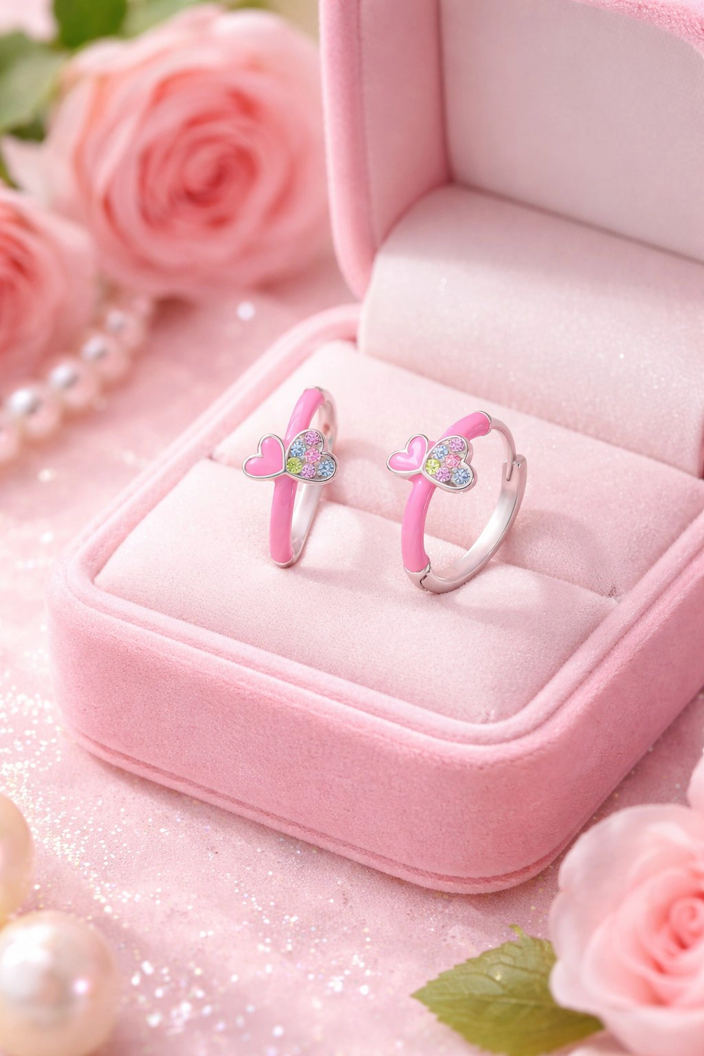 CHANTEUR Kids White Gold Tone Huggie Hoop Earrings with Pink Enamel