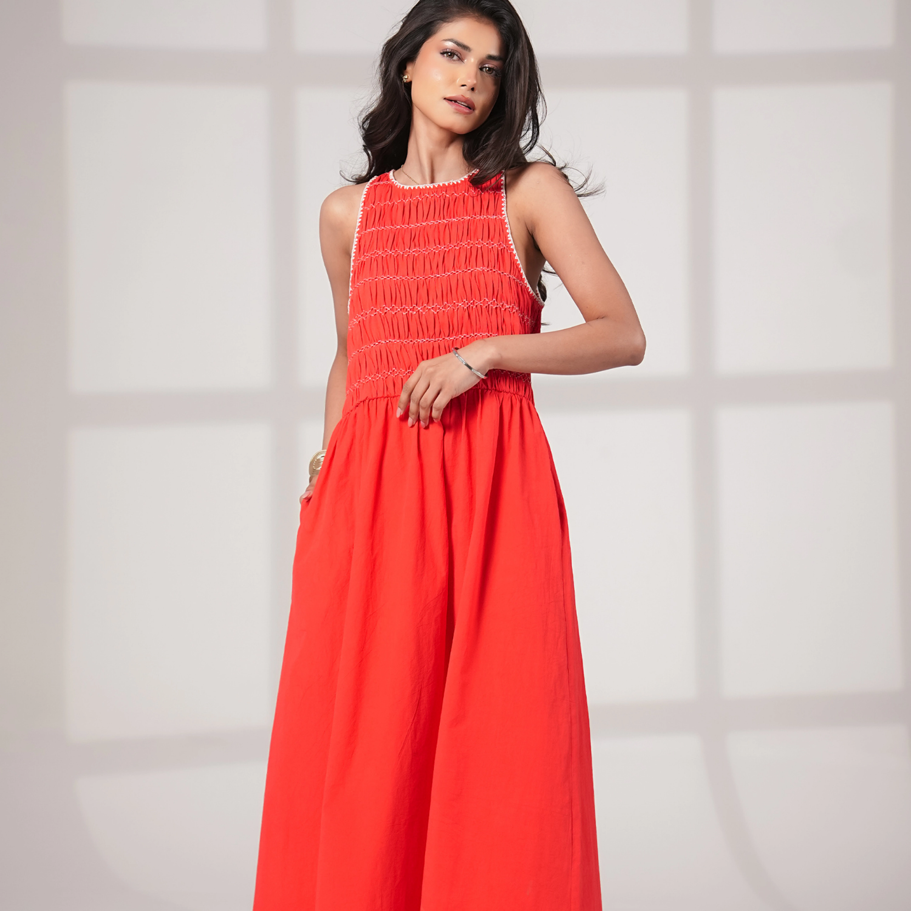 Rose & Nancy Women's Issy Red Smocked Cotton Maxi Dress