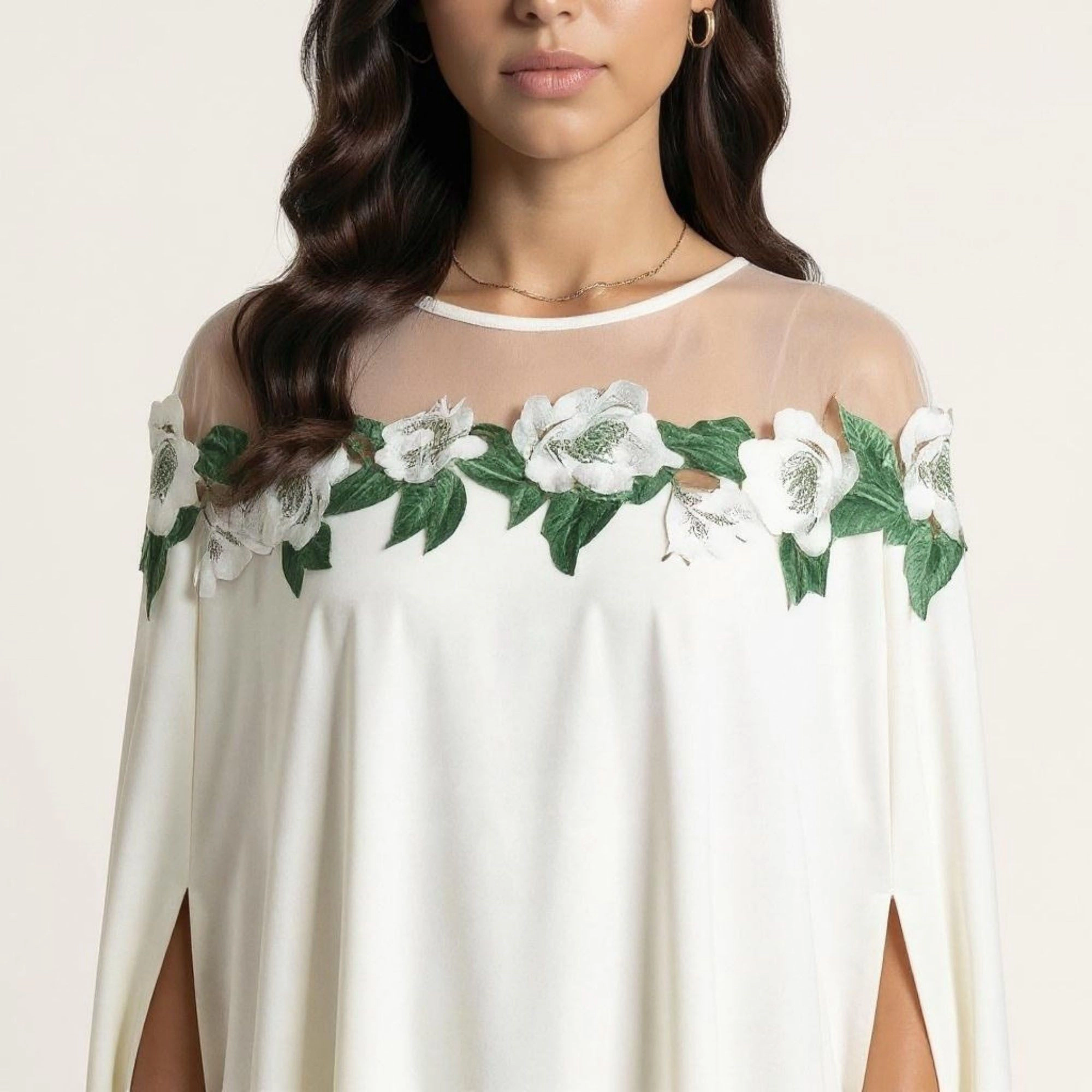Anna-Kaci Women's Floral Embroidered Cape Sheer Neckline Maxi Dress