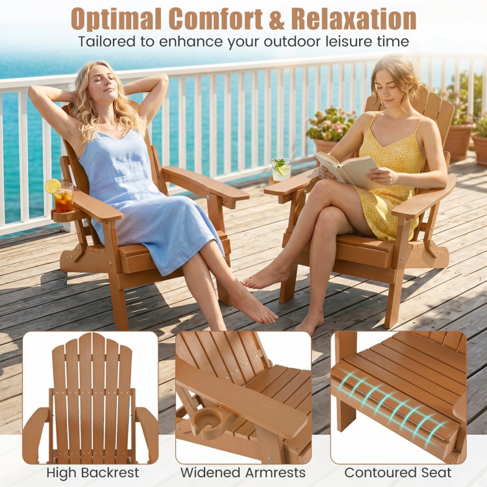 SUGIFT Coffee Cup Holder and 5-Level Backrest Outdoor Folding Adirondack Chair