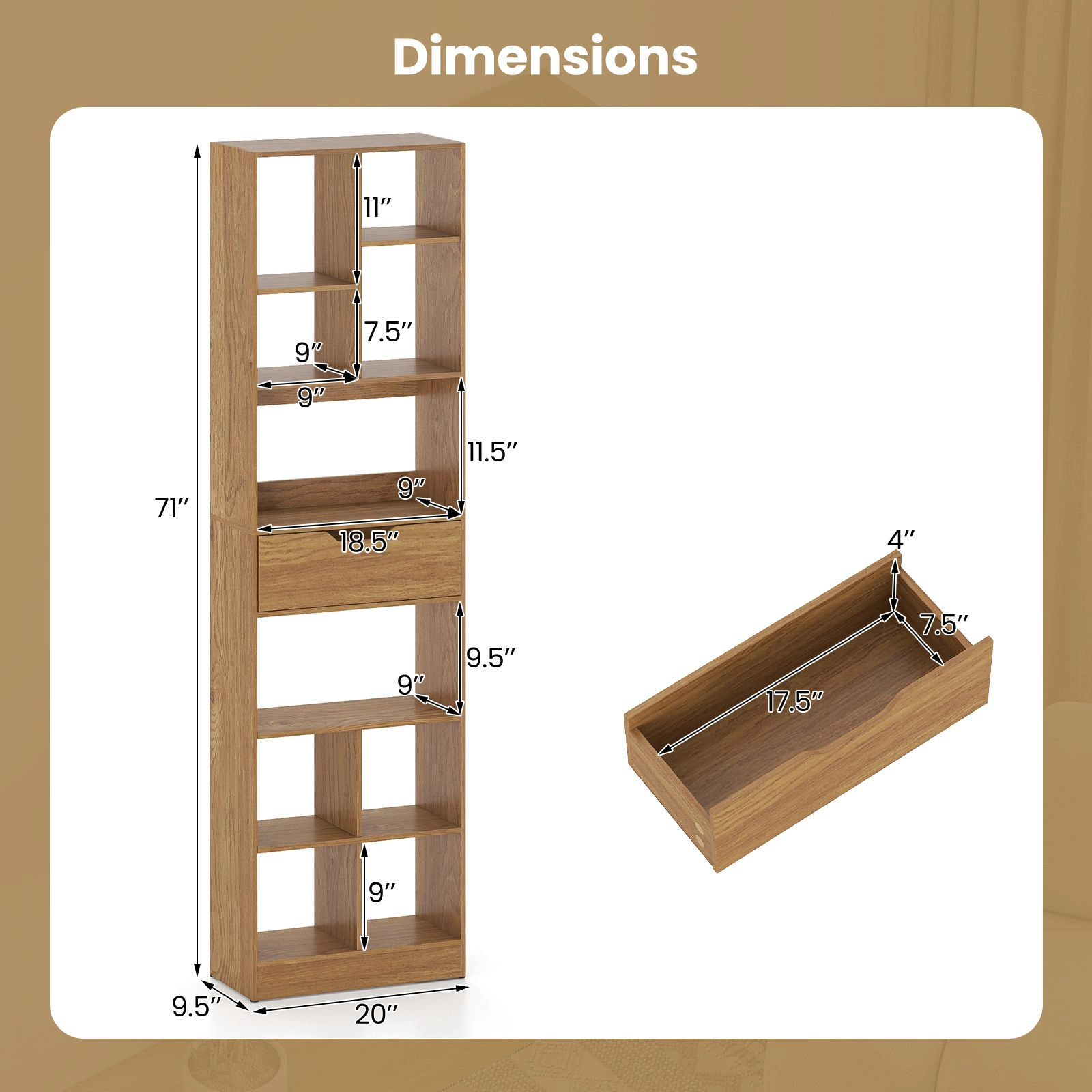 SlickBlue 71 Inch Freestanding Bookshelf with Storage Cabinet Drawer