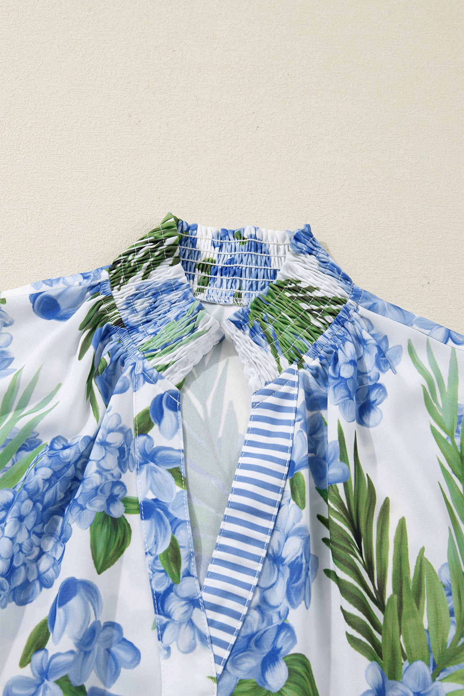 Threaded Pear Sky Blue Palm Floral V-Neck Short Sleeve Blouse