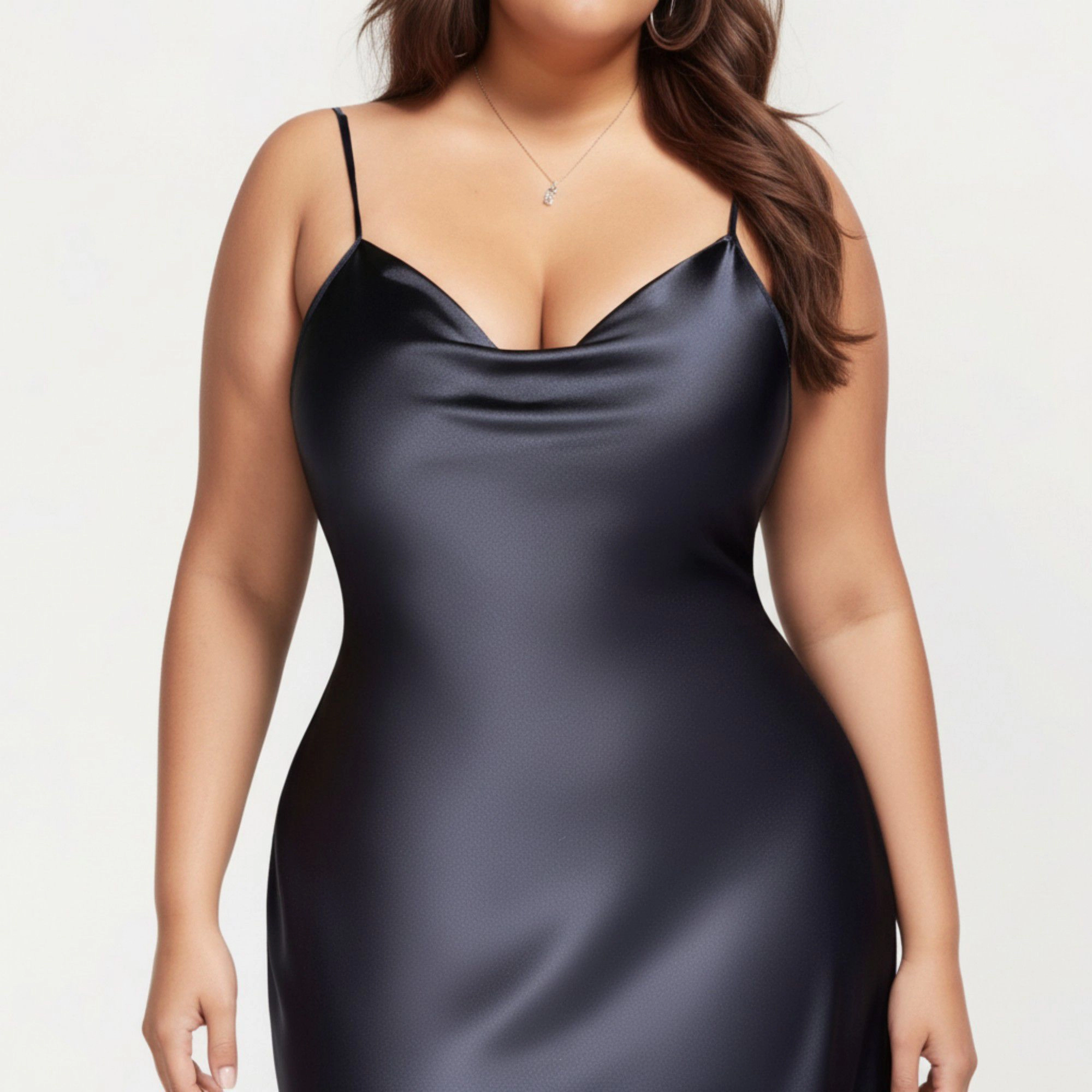 Anna-Kaci Women's Satin Slip Midi Dress with Draped Neckline Adjustable Straps and Soft Body-Skimming Flowing Silhouette