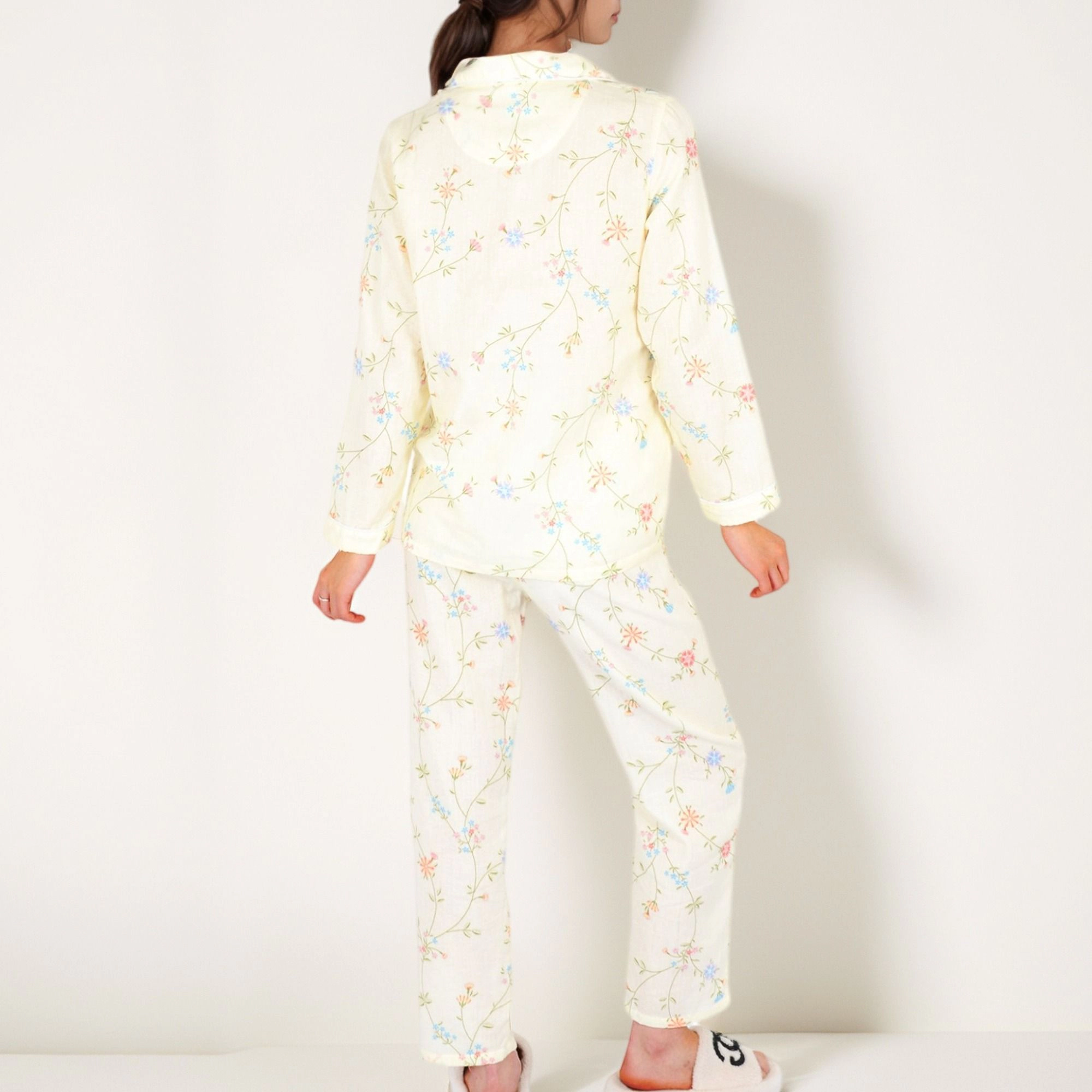 Anna-Kaci Women's Yellow Floral Print Long Sleeve Pajama Set Button Up Top Single Chest Pocket and Relaxed Fit Pants