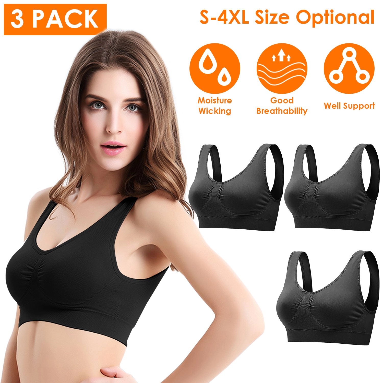 GBruno Seamless Wire-Free Sports Bra 3-Pack