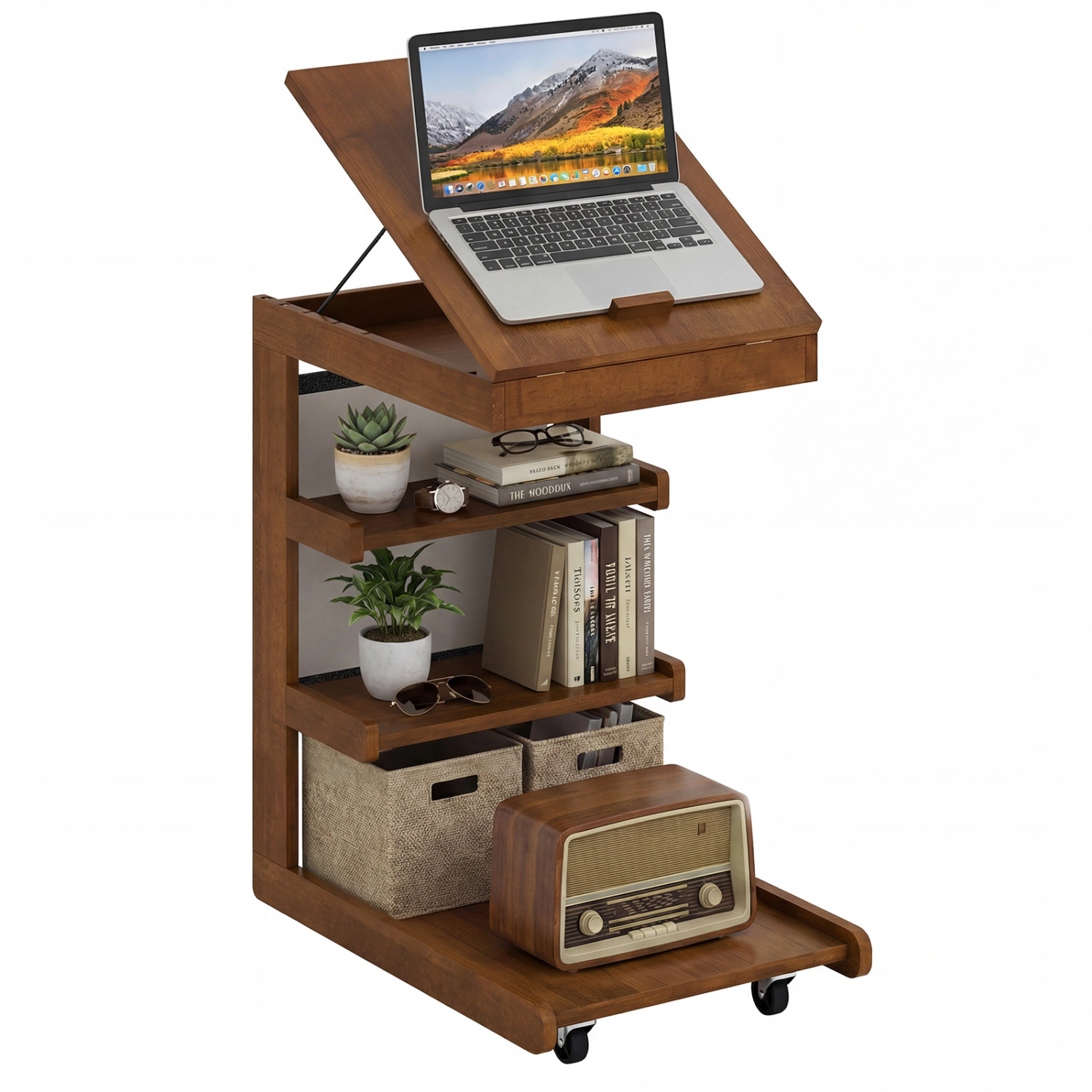 LJG C-shaped End Table with Wheels and Adjustable Desktop for Sofa Couch Bedside