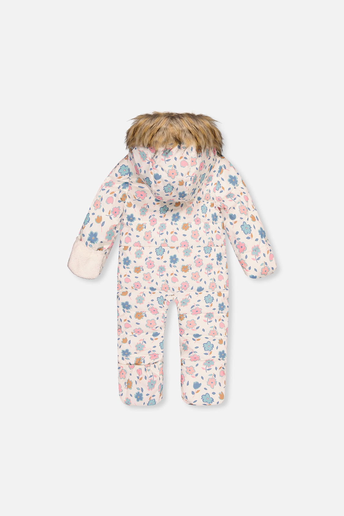 Deux par Girls Snug Floral Print One Piece Snowsuit Adapted for Car Seats with Faux Fur-Trimmed Hood